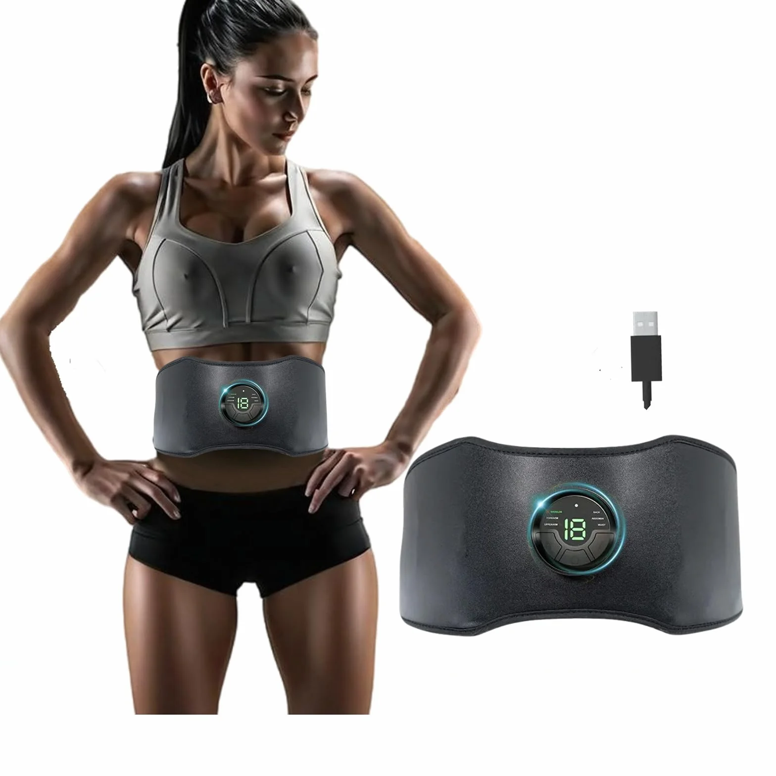 Cinturón EMS para abdominales y core | 6 modos, 18 niveles de intensidad, cinturón tonificador abdominal ajustable de 118 cm | Equipo de fitness para el hogar recargable por USB para mujeres y hombres