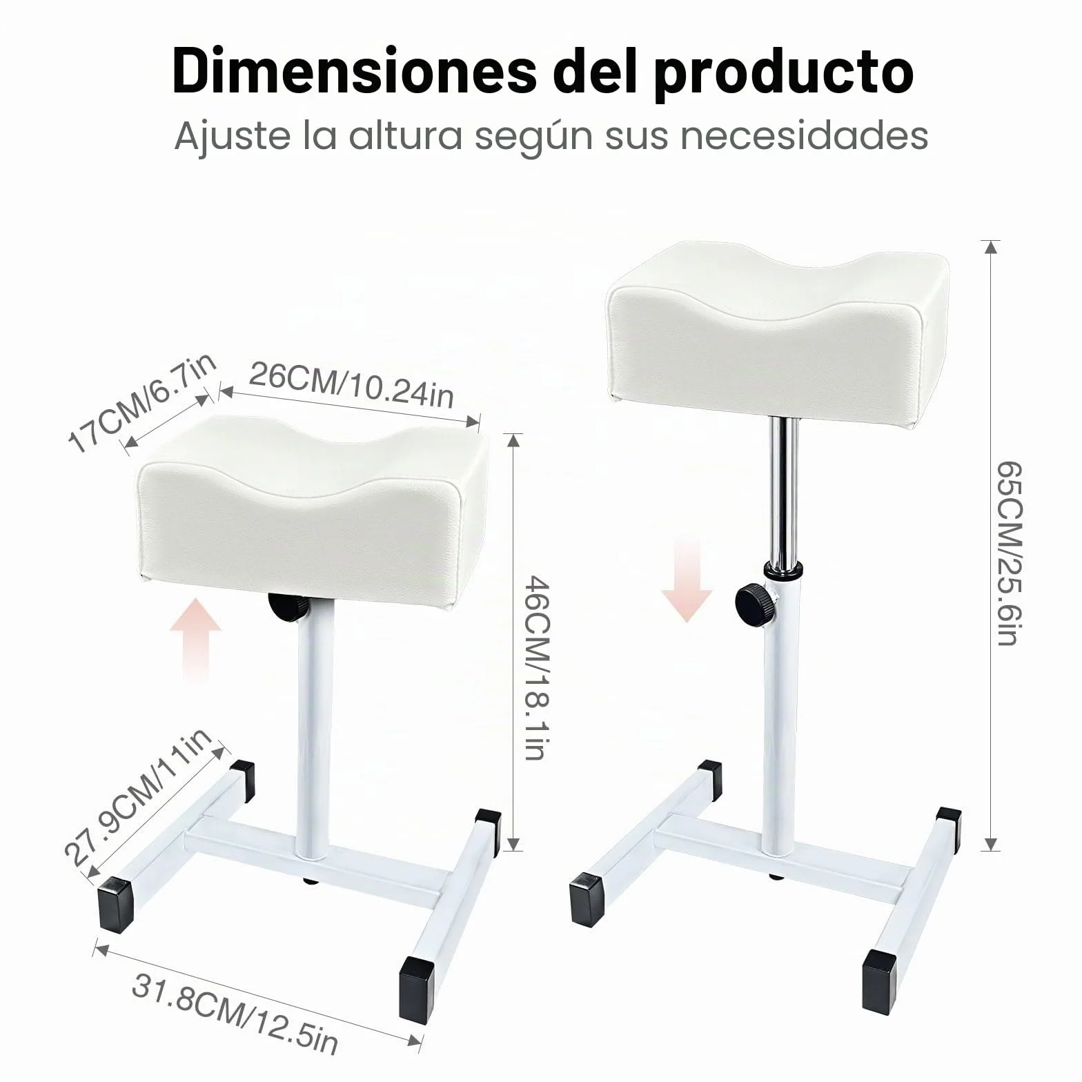 Taburete de pedicura ajustable en altura para salón de uñas, blanco