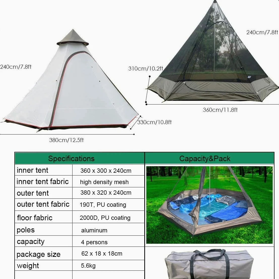 TentHome Tipi - Tienda de campaña para camping al aire libre, senderismo, caza, 380 cm, 380 cm, 12,5 pies, doble capa, para camping, al aire libre