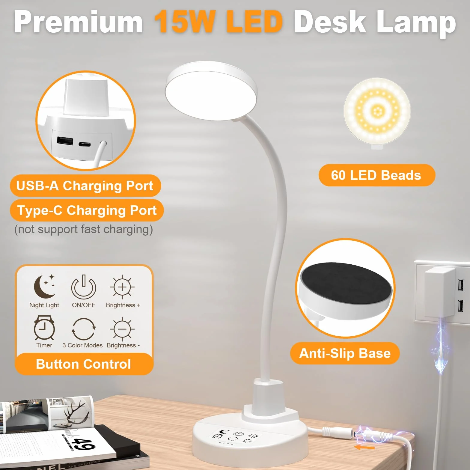 Lámpara de escritorio LED 15W regulable USB-A USB-C 3 temperaturas de color 5 niveles de brillo cuello cisne flexible 360° protección ojos