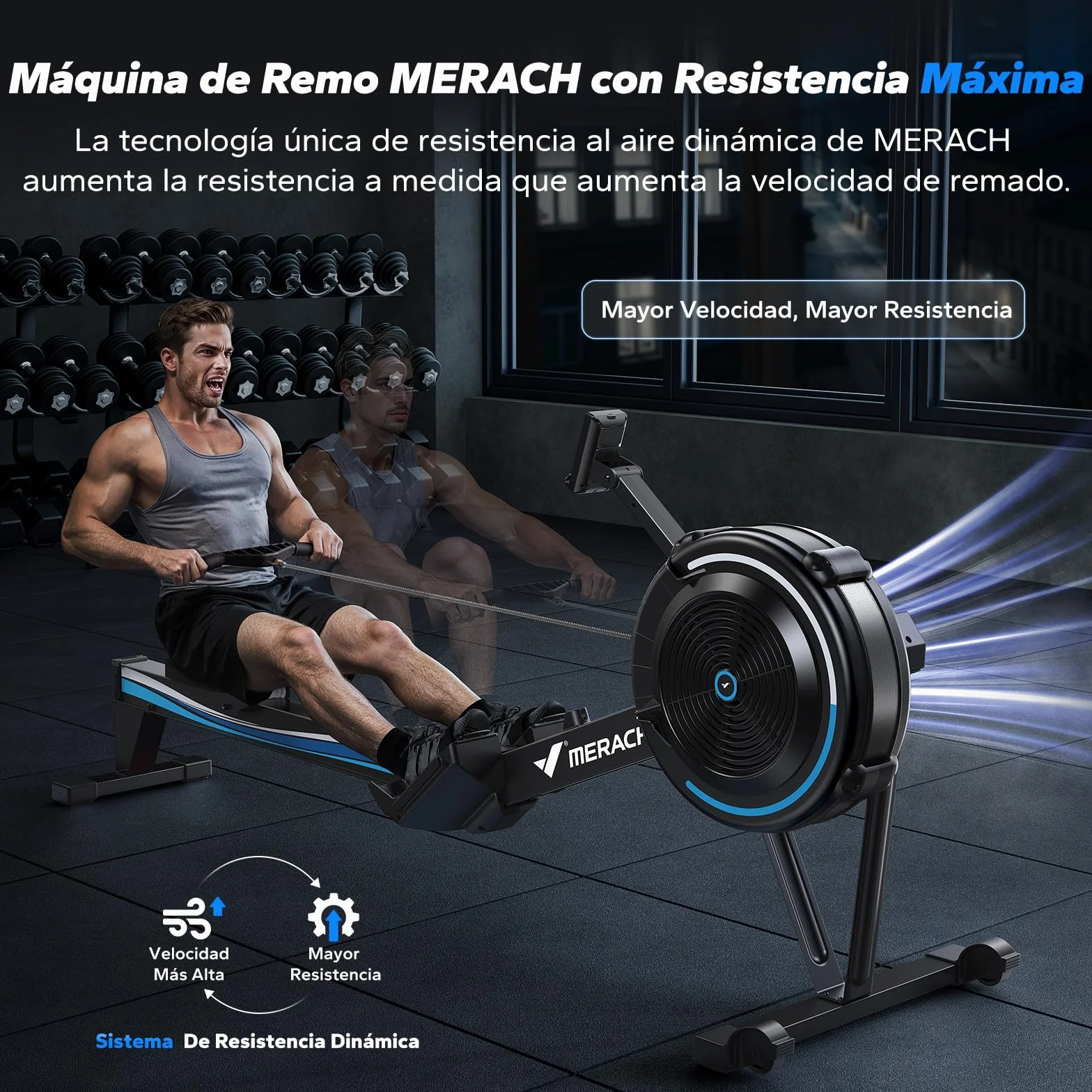 MERACH R50 Máquina de Remo para casa con Resistencia de Aire, 10 Niveles Ajustables con App Exclusiva, Máquina de Remo Profesional para Interiores, Asiento Ergonómico y Cómodo
