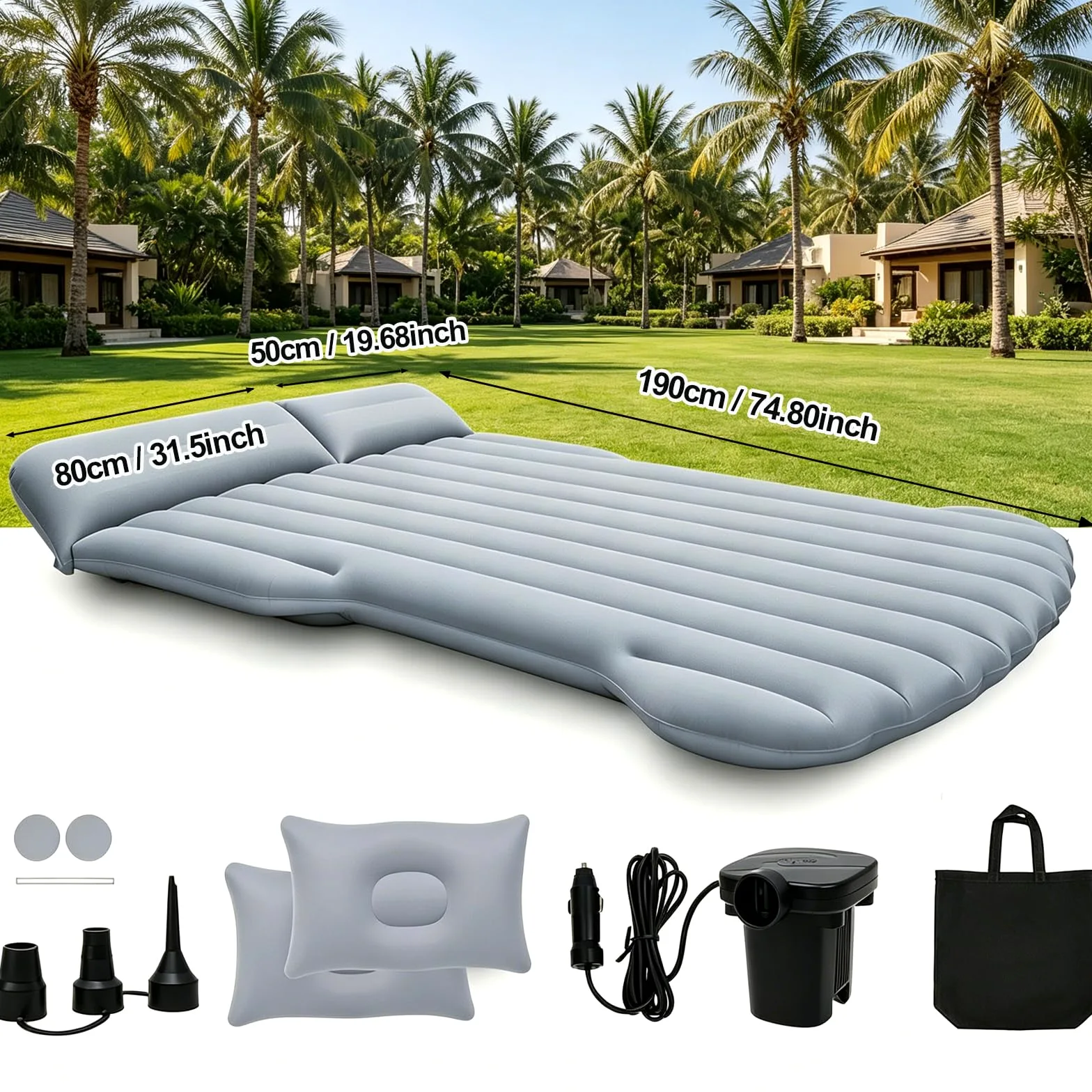 Colchón de Coche Hinchable Tesla Model Y y SUV - para Acampar (Grey) | 190 cm x 130 cm, con Bomba y 2 Almohadas Pequeñas, 4 Áreas Multifuncionales Independientes, Apto para la Mayoría de Vehículos