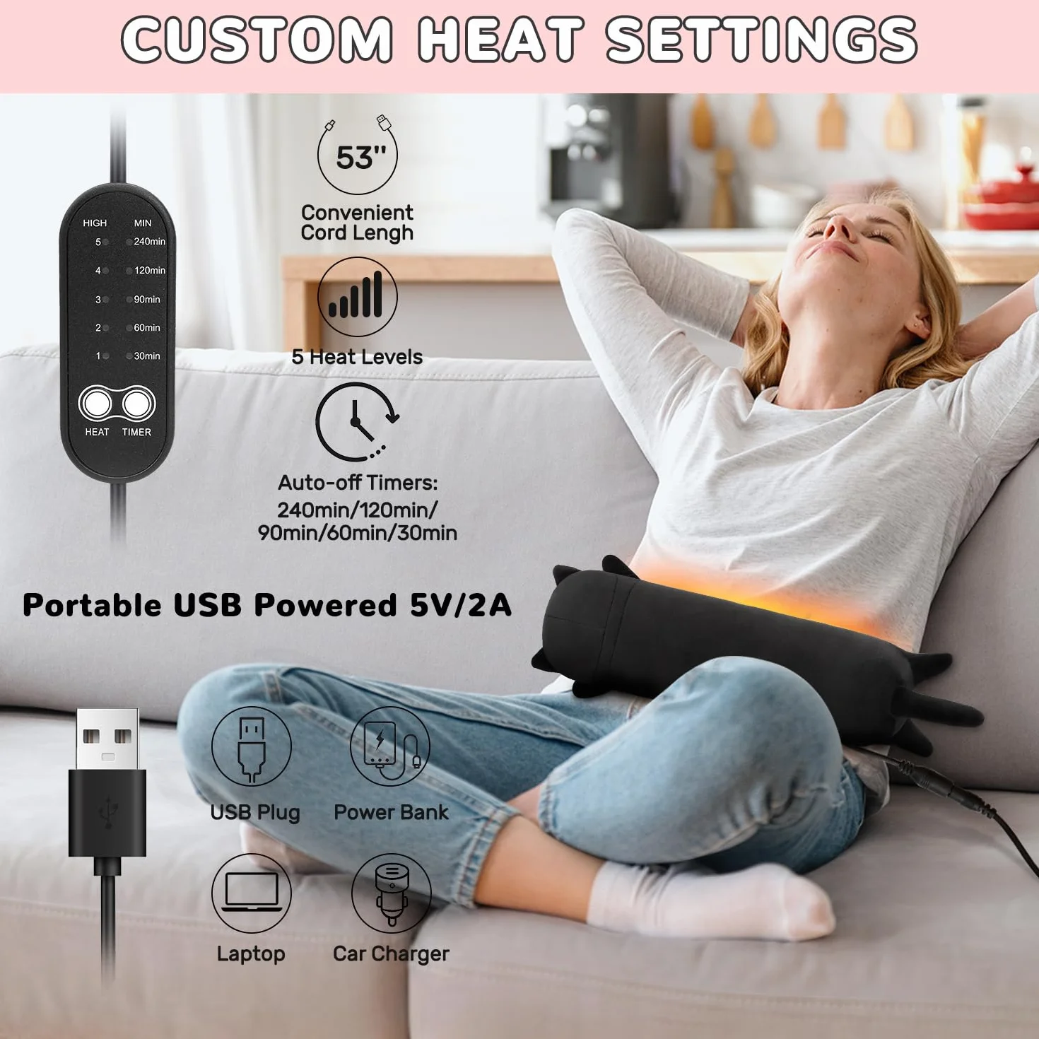 Manta eléctrica para gatos con apagado automático, almohadilla térmica USB para períodos, manta de calor para el cuello, la espalda, los hombros y el abdomen, regalos navideños para mujeres, niñas y