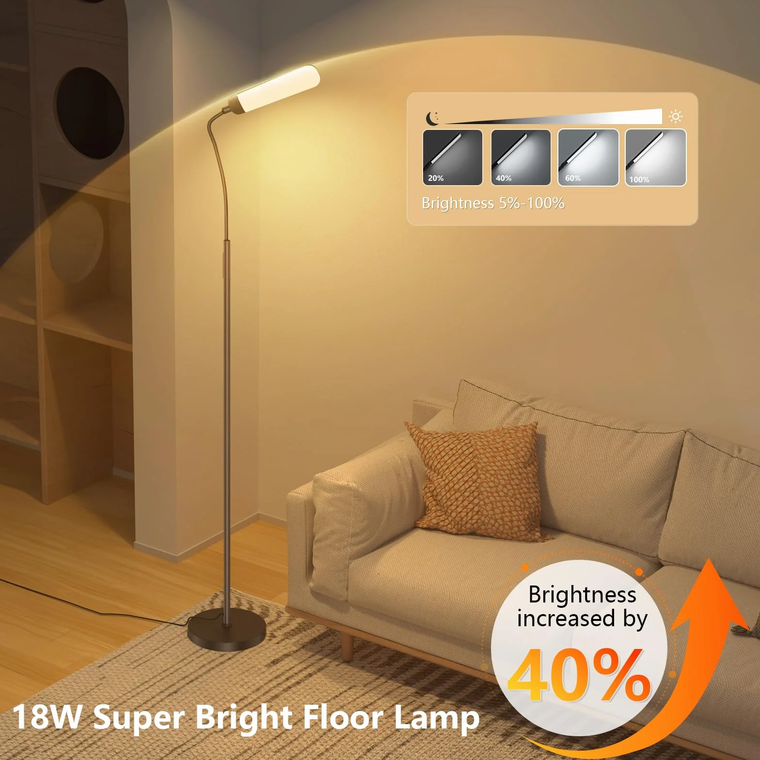 Lámpara de Pie LED Regulable 18W 1200LM Negro con Mando y Control Táctil