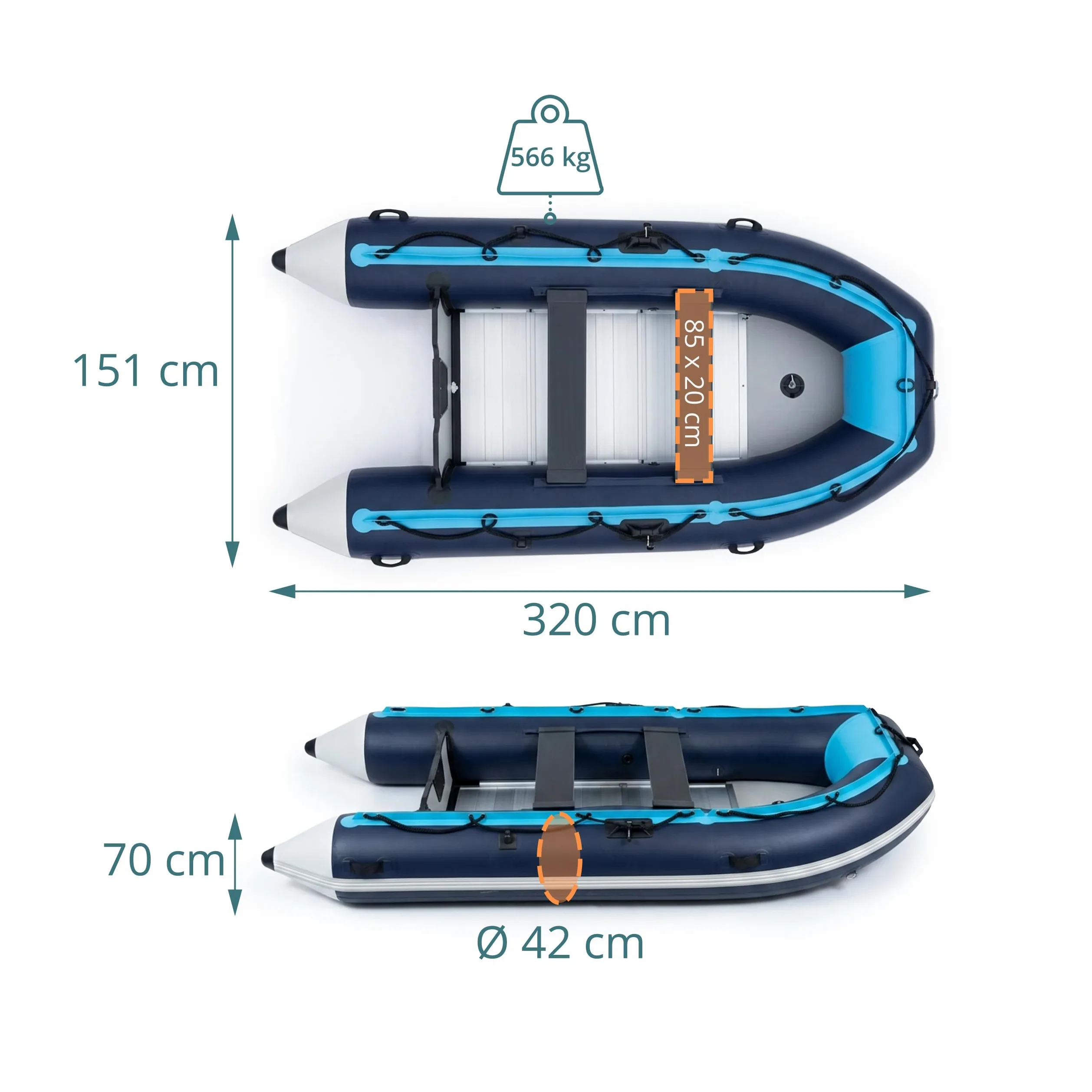 Relaxdays Set Bote Hinchable, 4 Personas, 3,20 m, remos, Bomba & Bolsa, Fondo de Aluminio, para Pesca, Azul y Blanco