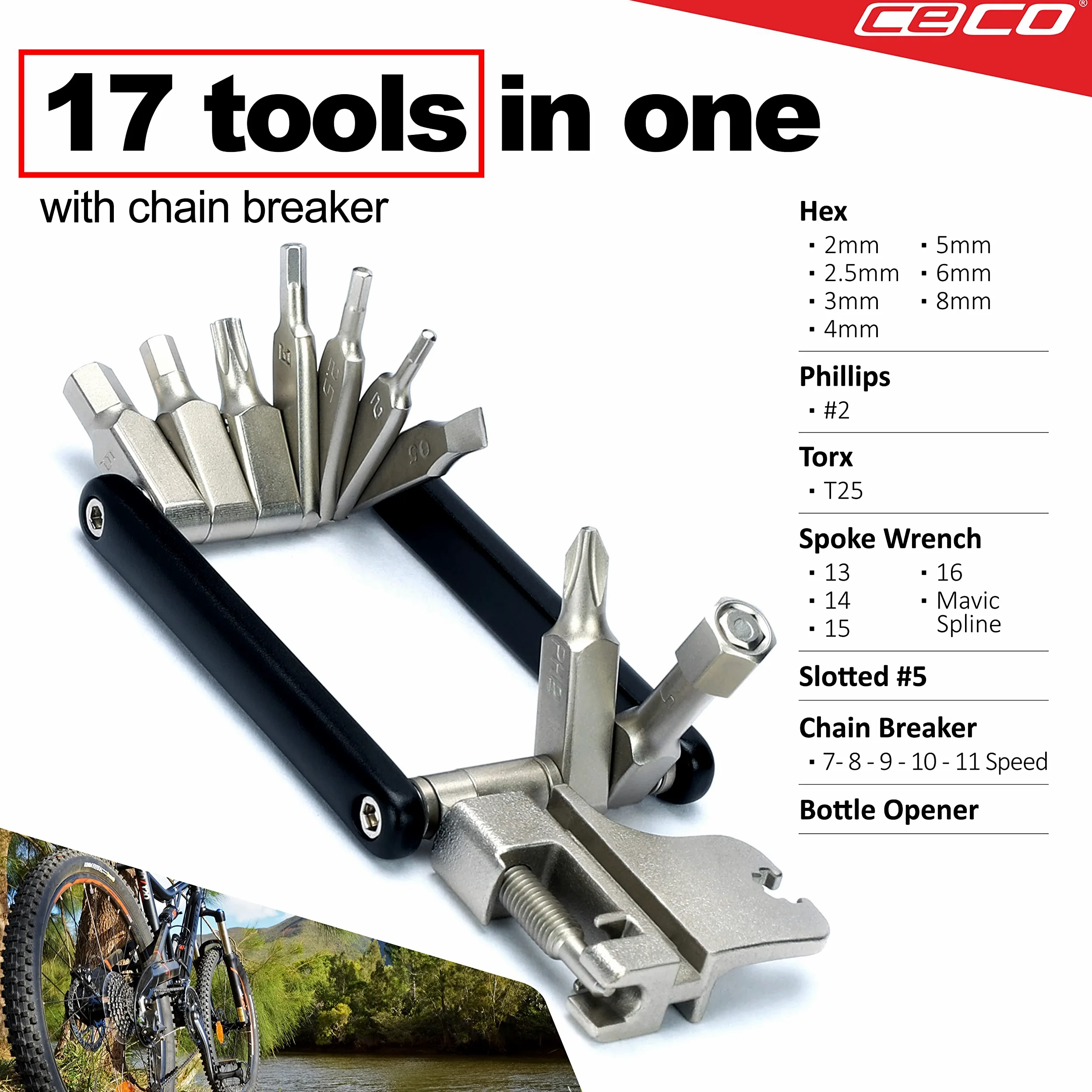 CECO - USA - Herramienta de bicicleta de 17 funciones con interruptor de cadena, multiherramienta para bicicleta, ultra delgada, tamaño de bolsillo compacto, ligera, acero de herramienta CR-V 6150 de