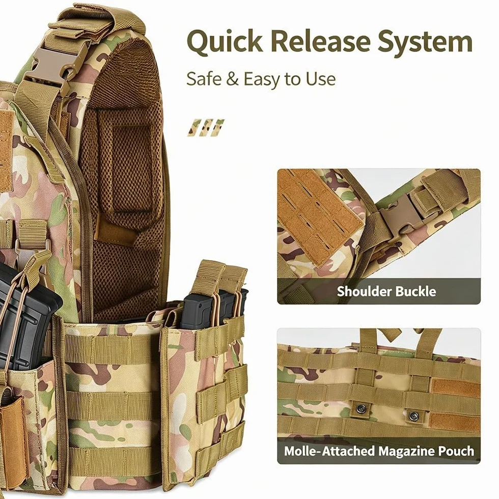Chaleco Táctico Airsoft,Ajustable con Sistema MOLLE y Liberación Rápida, Chaleco Ligero y Transpirable con Bolsillos Modulares para Paintball Senderismo Caza Camping Outdoor