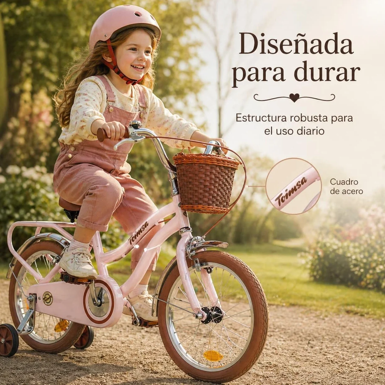 Toimsa - Bicicleta para Niños con Ruedines - Ruedas Hinchables 16 Pulgadas - Diseño Vintage Rosa - Sillin Regulable, Limitador Giro Manillar, Cesta Delantera y Portaequipajes - Bici Infantil +5 años
