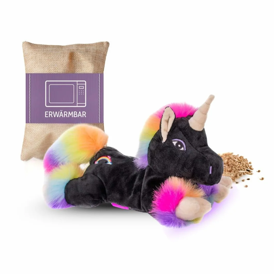 Cojín térmico prémium Unicornio Black Rainbow 1848 - Peluche térmico para microondas y horno - Relleno de mijo extraíble para niños y adultos