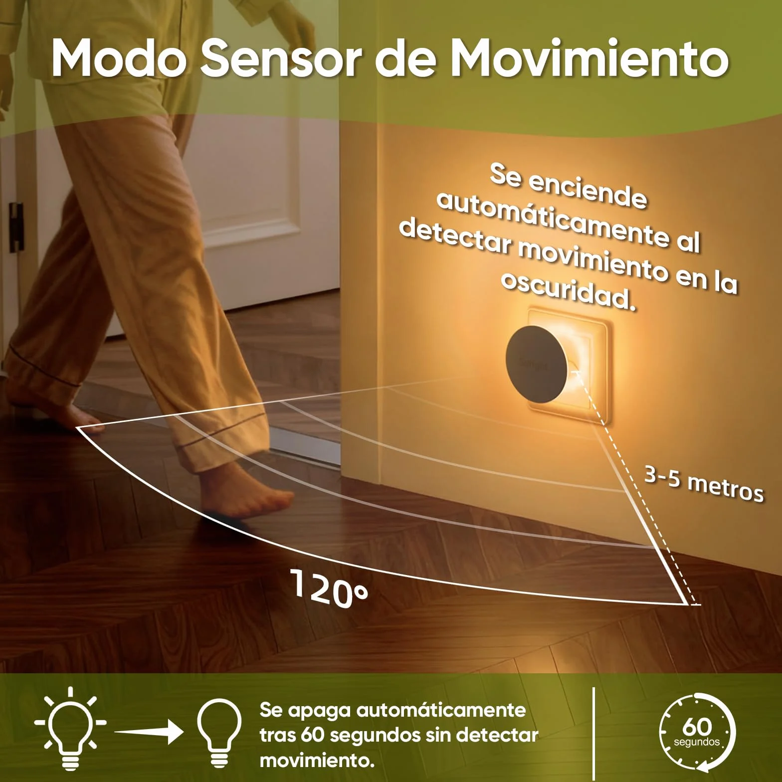 Luz Nocturna con Sensor de Movimiento, 2 Piezas, Blanco Cálido, 3 Modos, Brillo Ajustable, Control Táctil