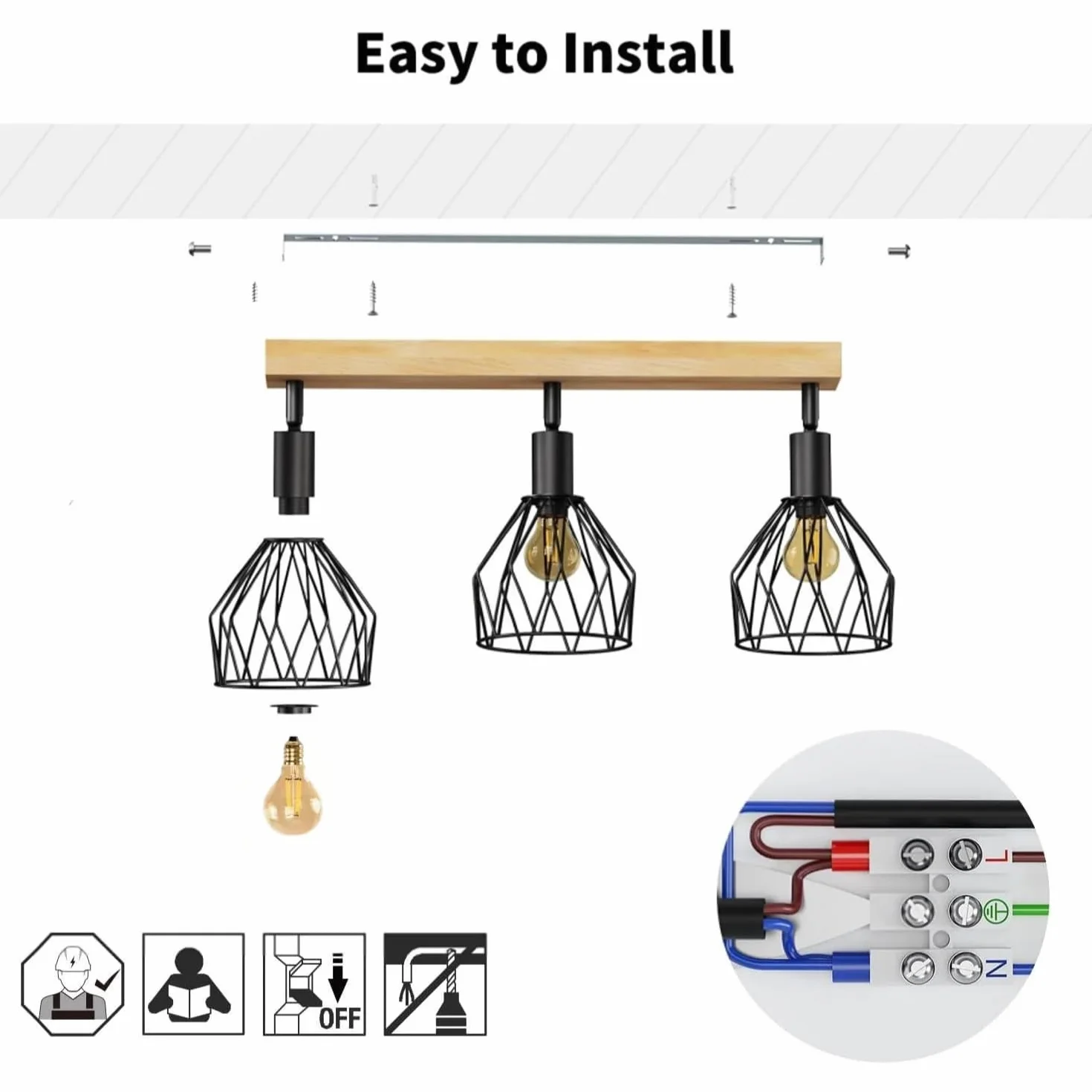 LVWIT Lámpara de Techo de Madera Negra Focos de Pared Cocina E14 Ajustable 3 Vías Industrial