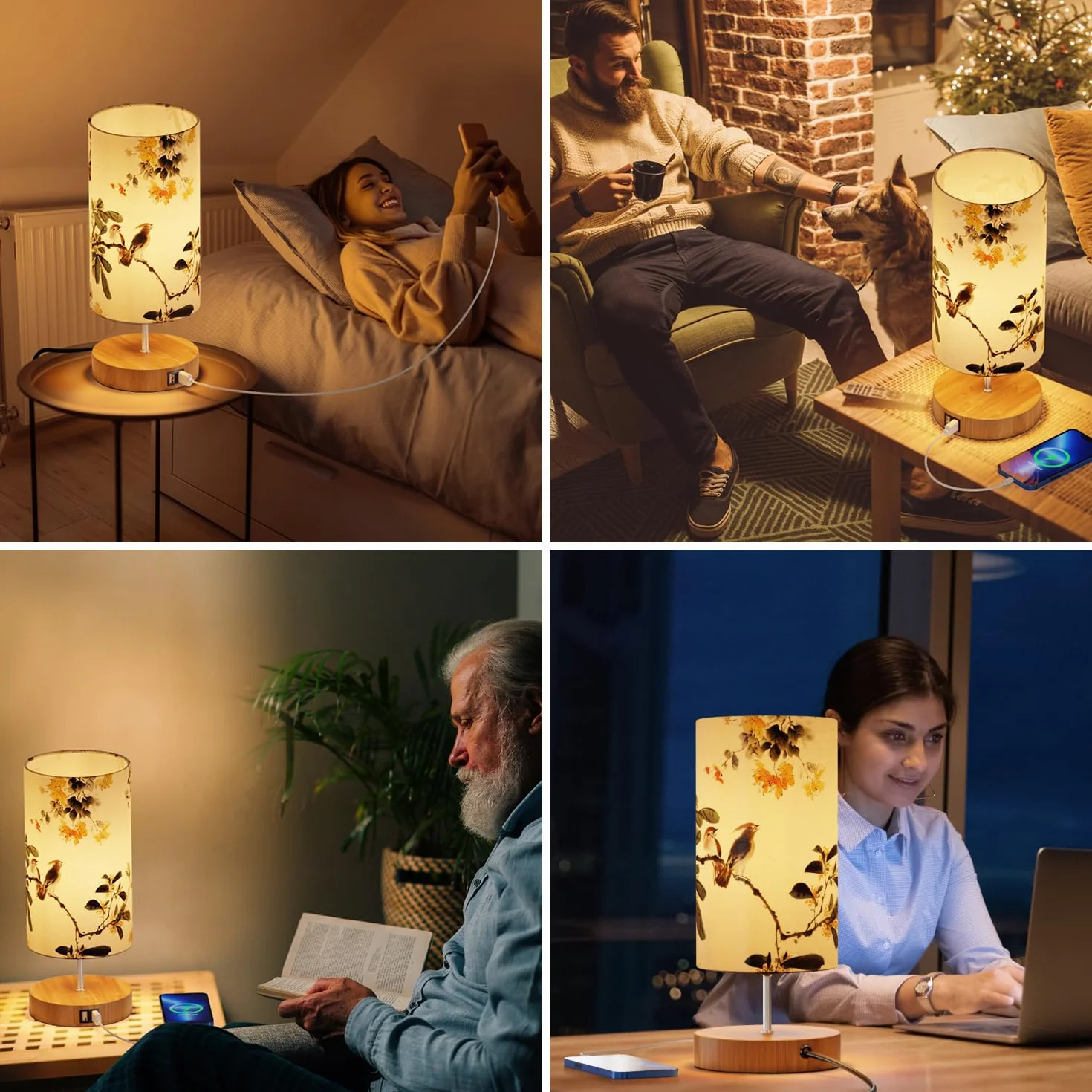 Lámpara de Mesilla de Noche con Puertos de Carga USB, Control Táctil, 3 Modos de Brillo, 2 Piezas