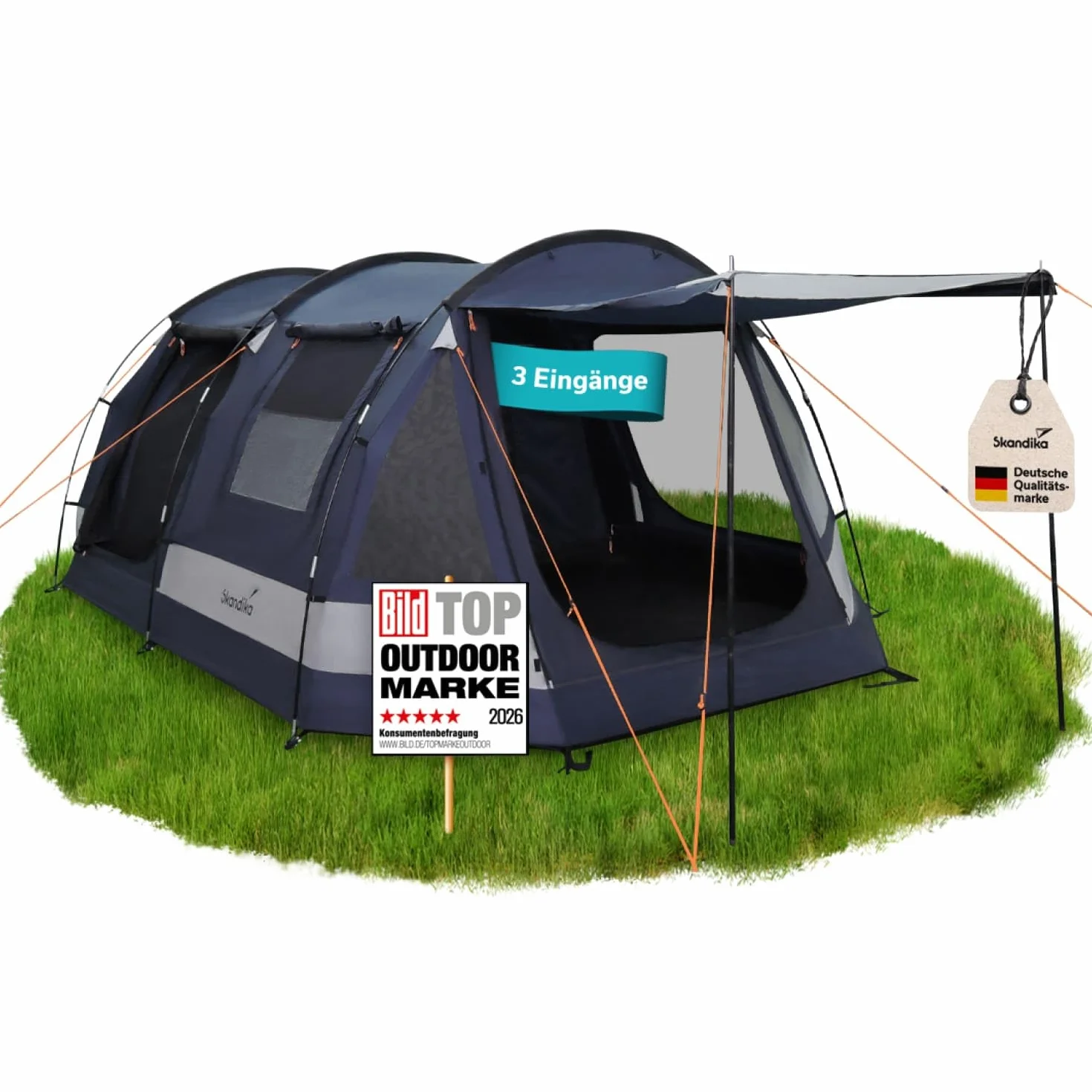 Skandika Tienda de campaña Tipo túnel Kambo Sleeper Protect | para 3/4 Personas - Suelo Cosido - Columna de Agua de 3000 mm - 3 entradas - toldo
