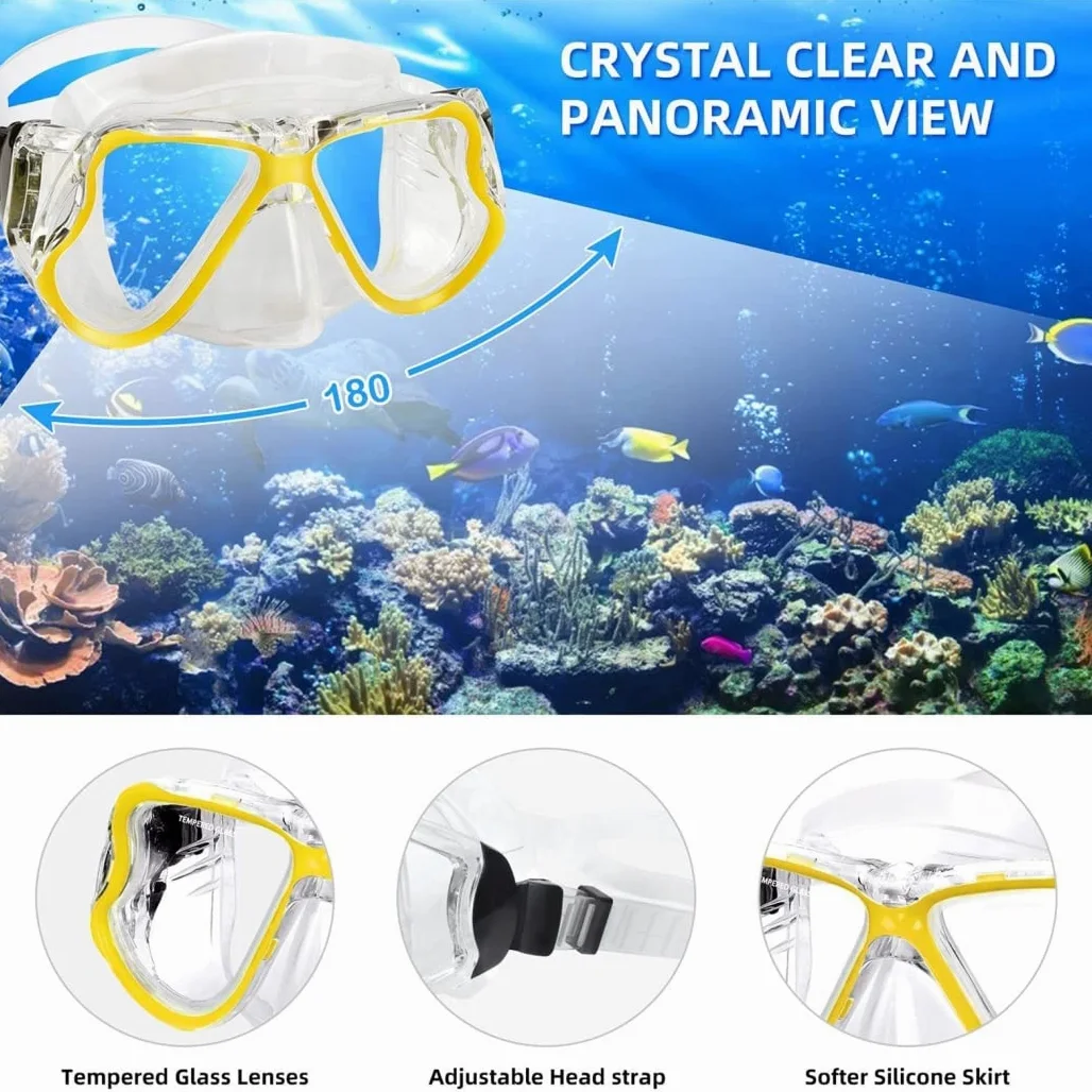 Máscaras de Buceo Profesionales + Tubo de respiración + Aletas, Juego de esnórquel, Gafas de natación antivaho de Silicona para Adultos, máscara de esnórquel,Negro,L/XL