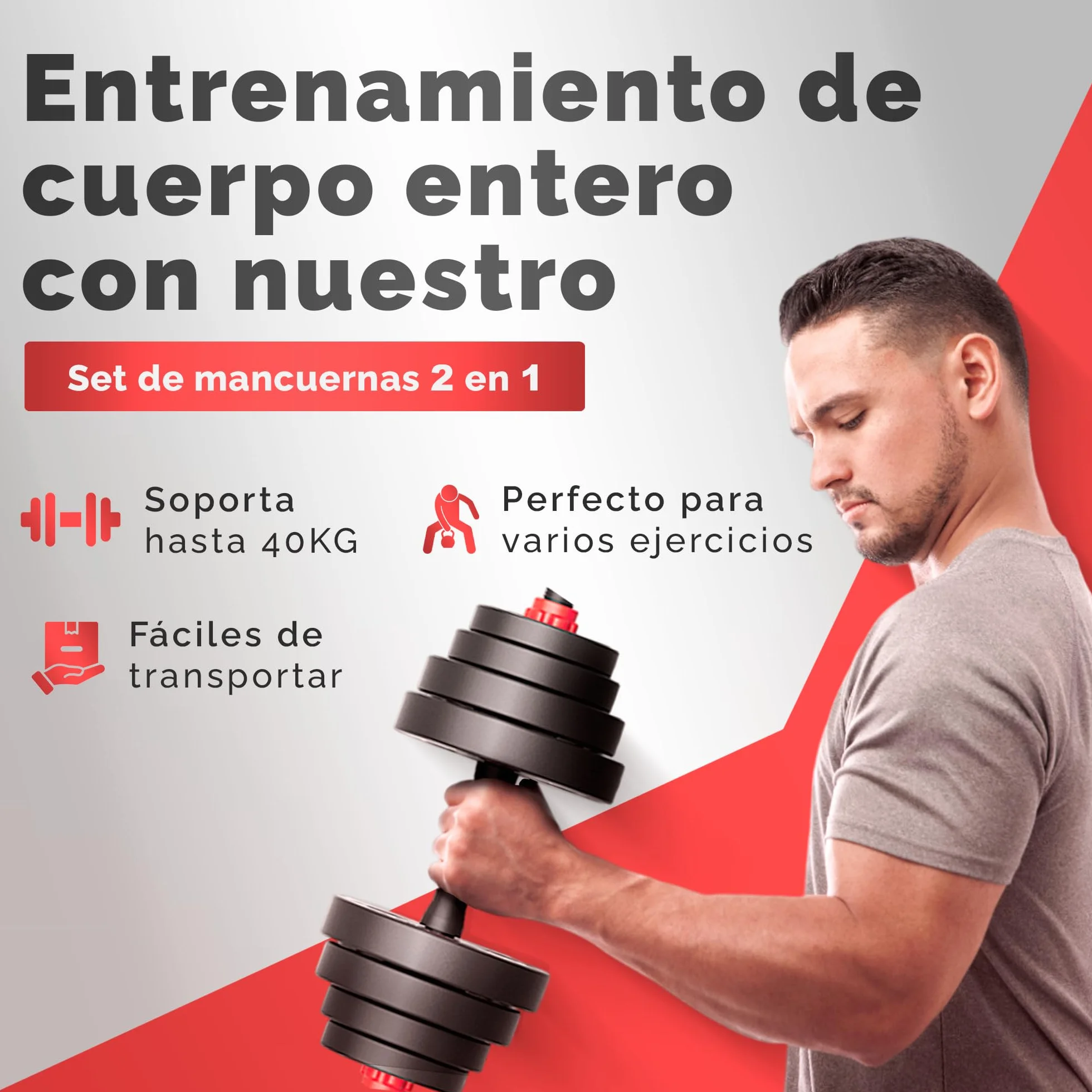 JUPPLIES Juego de Mancuernas Ajustables 2 en 1 10kg 20kg 40kg Kit de Pesas con Barra Recta Antideslizante