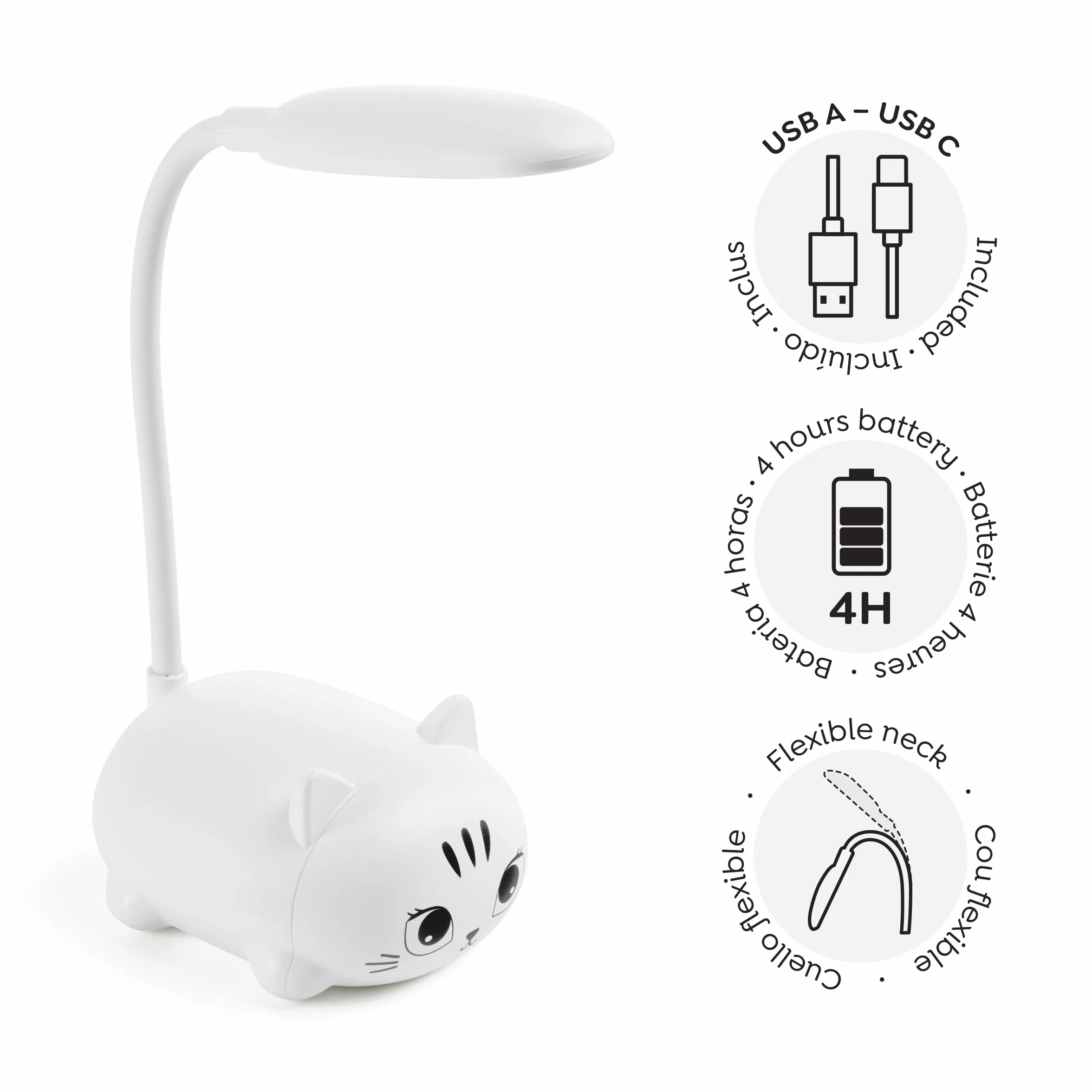 Back2Fun Lámpara de escritorio infantil gatito LED cálida cuello flexible recargable USB luz noche estudio