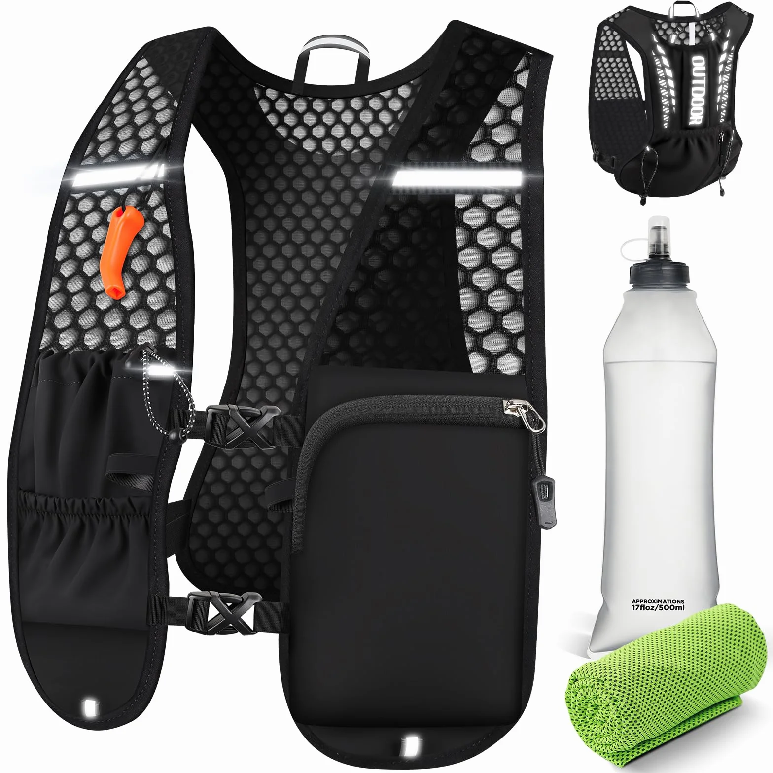 Chaleco Running Hombre Mujer, Ultraligero 160g Mochila Running Botella Agua 500 ml, Chaleco Trail Running Ajustable Reflectante con Silbato y Bolsillos para Maratón Ciclismo Senderismo