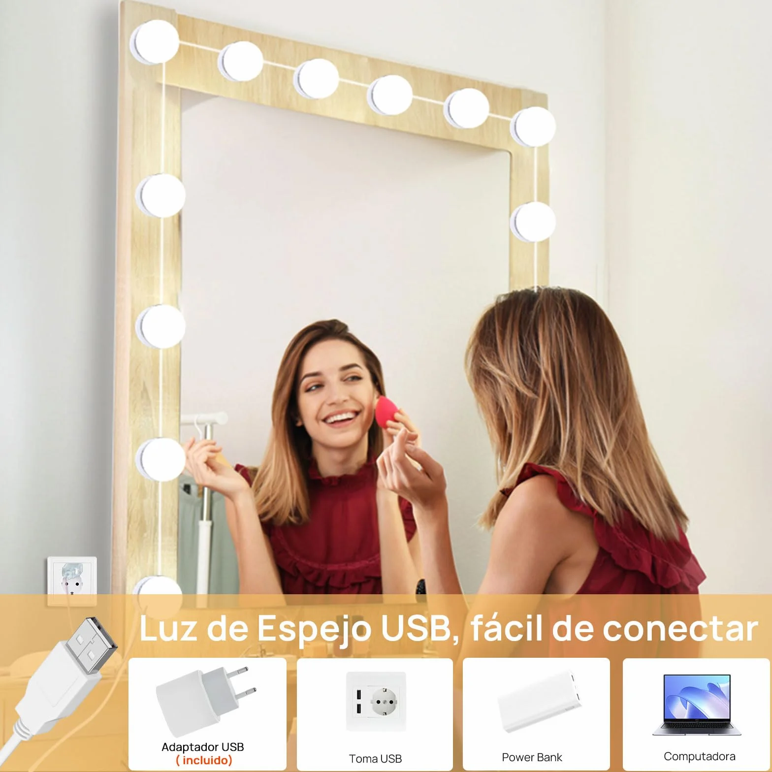 Lumière de Miroir LED Hollywood Dimmable Kit de 14 Ampoules avec Adaptateur USB Câble Réglable 3 Couleurs 10 Intensités