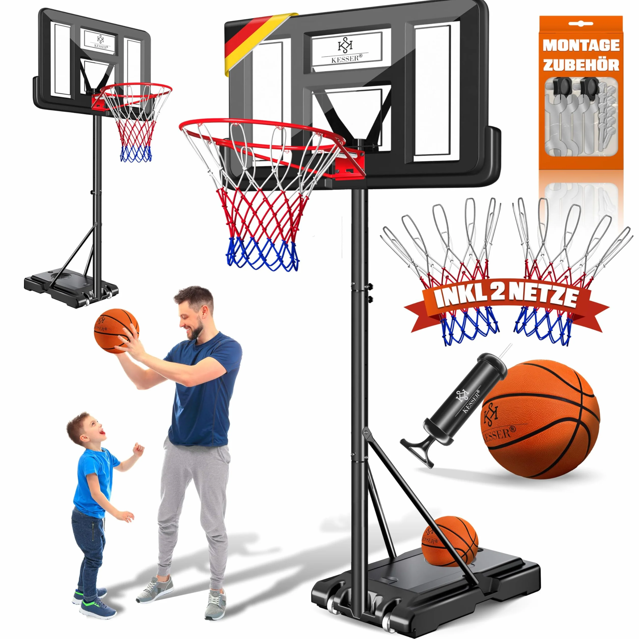 KESSER Canasta de Baloncesto Premium 230-305 cm Altura Regulable Base Ruedas Balón Inflador