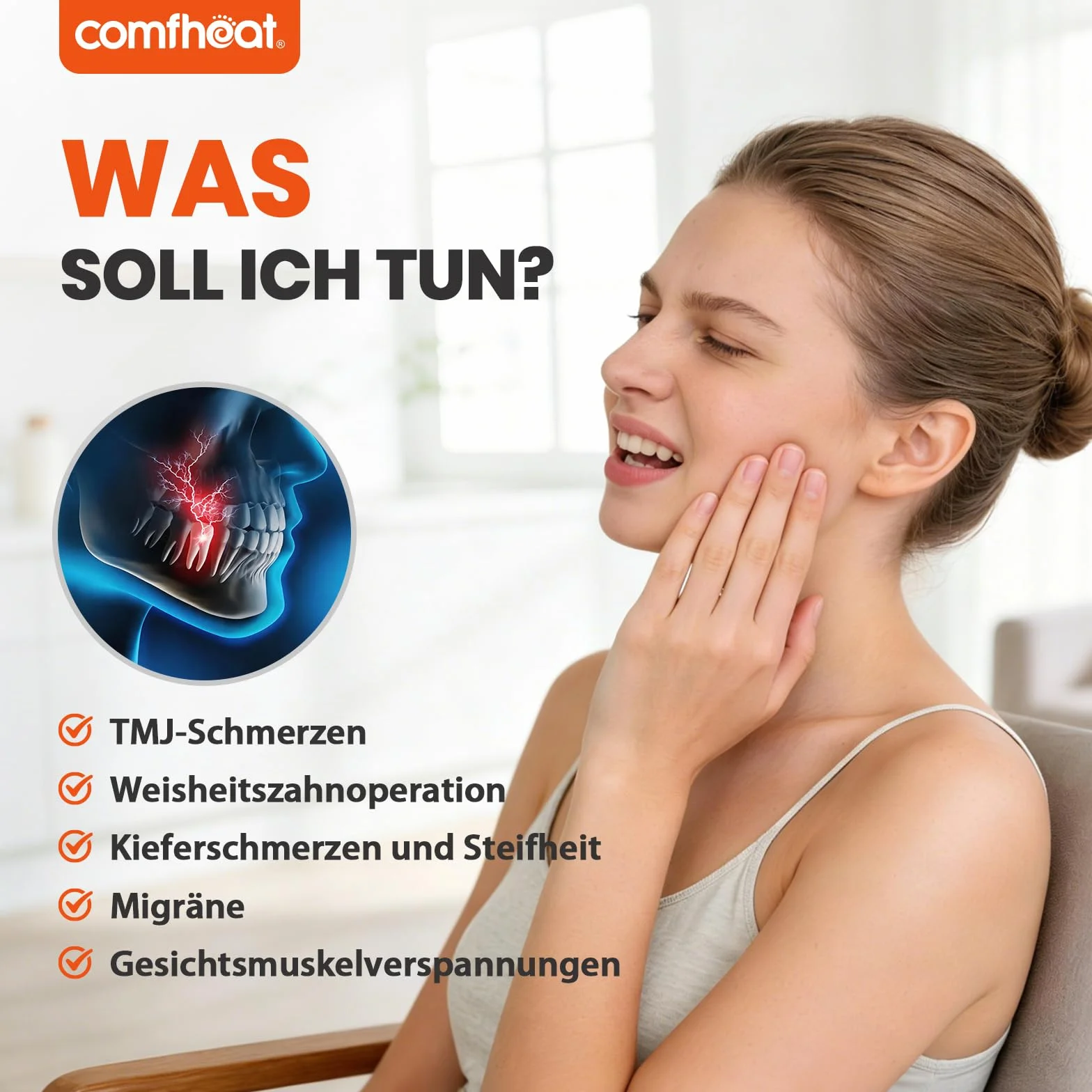 Máscara de calefacción facial USB para TMJ, 3 ajustes de calor ajustables