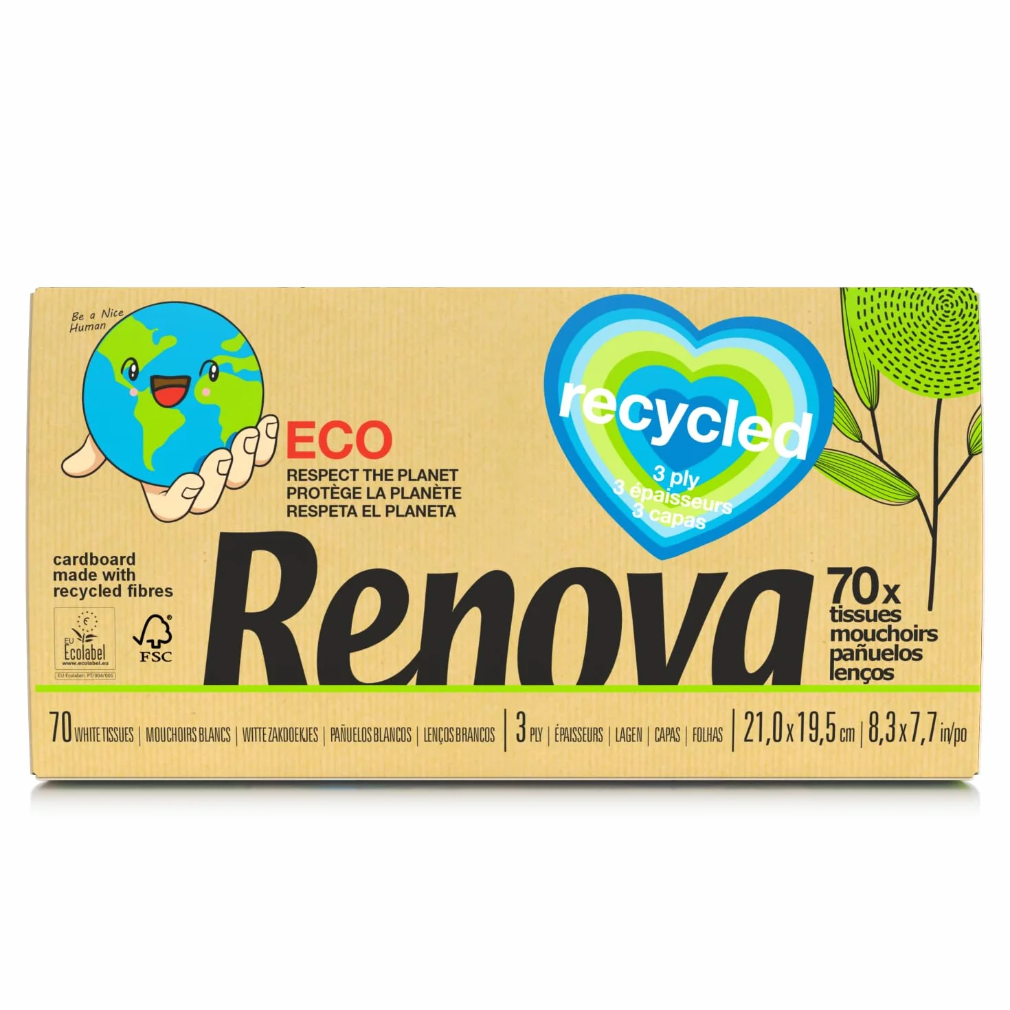 Renova Pañuelos Faciales Reciclados Cajita 70 Papel Reciclado FSC Ecolabel