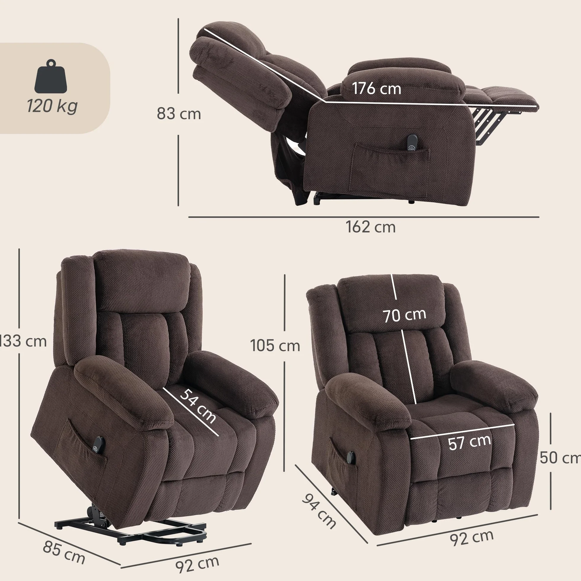 HOMCOM Sillón Relax Reclinable Eléctrico Levanta Personas con Puerto USB, Control Remoto, Asiento Ancho, Terciopelo, Marrón