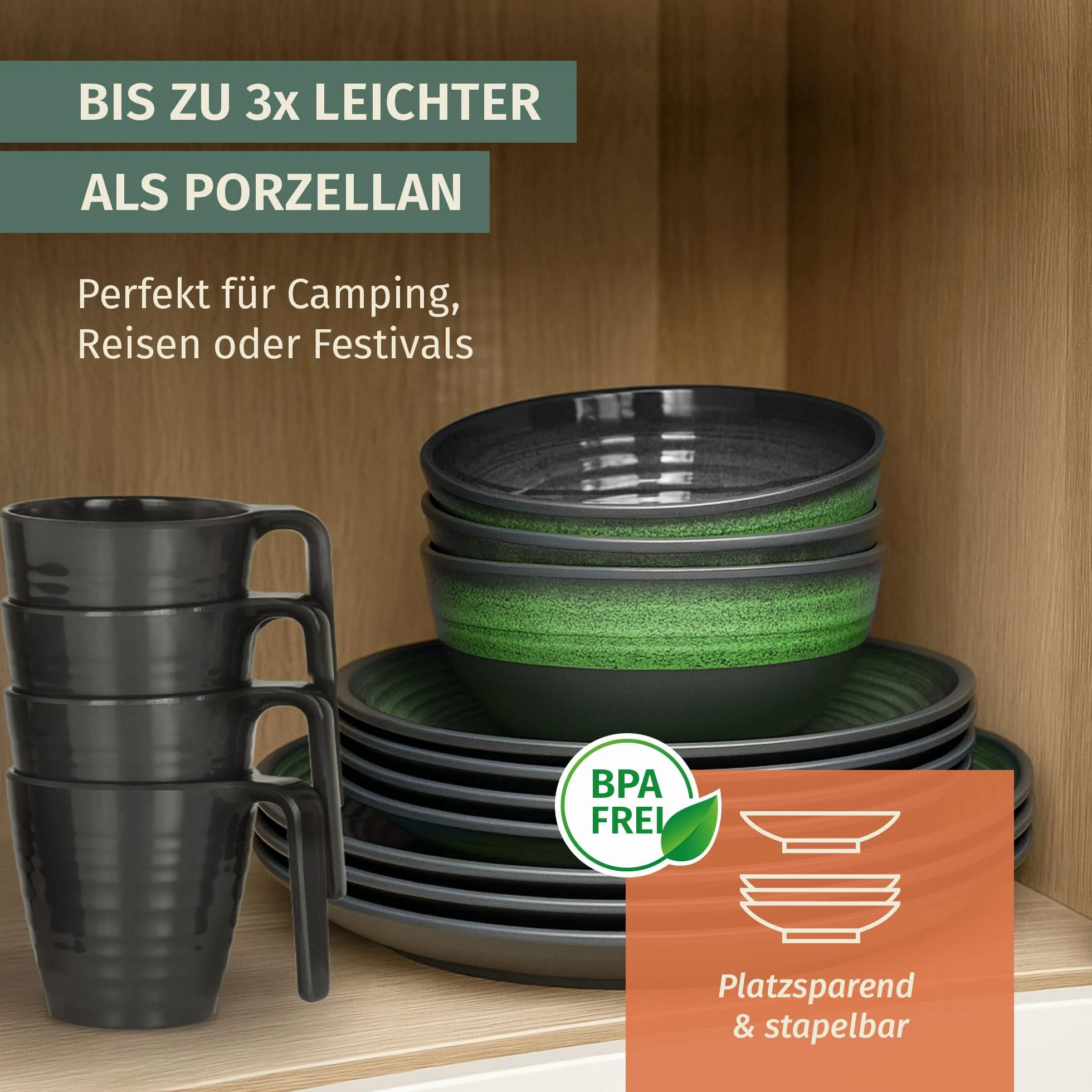 Juego de vajilla de melamina para camping, 4 personas, color verde piedra + 4 tazas de piedra tazas de café, vajilla de pícnic, barbacoa