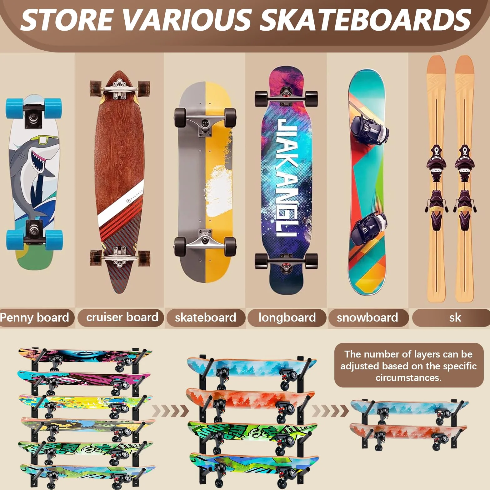 Soporte De Pared Para Monopatines, 6 Niveles, Acero Negro, Universal Para Longboards, Snowboards Y Wakeboards