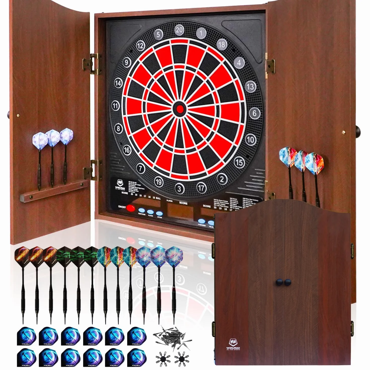 WIN.MAX Dianas Electrónicas de Dardos, Decorativo Diana Dardos Gabinete Set Ofrece 34 Juegos para hasta 8 Jugadores Incluyendo 12 Flechas de Punta Suave