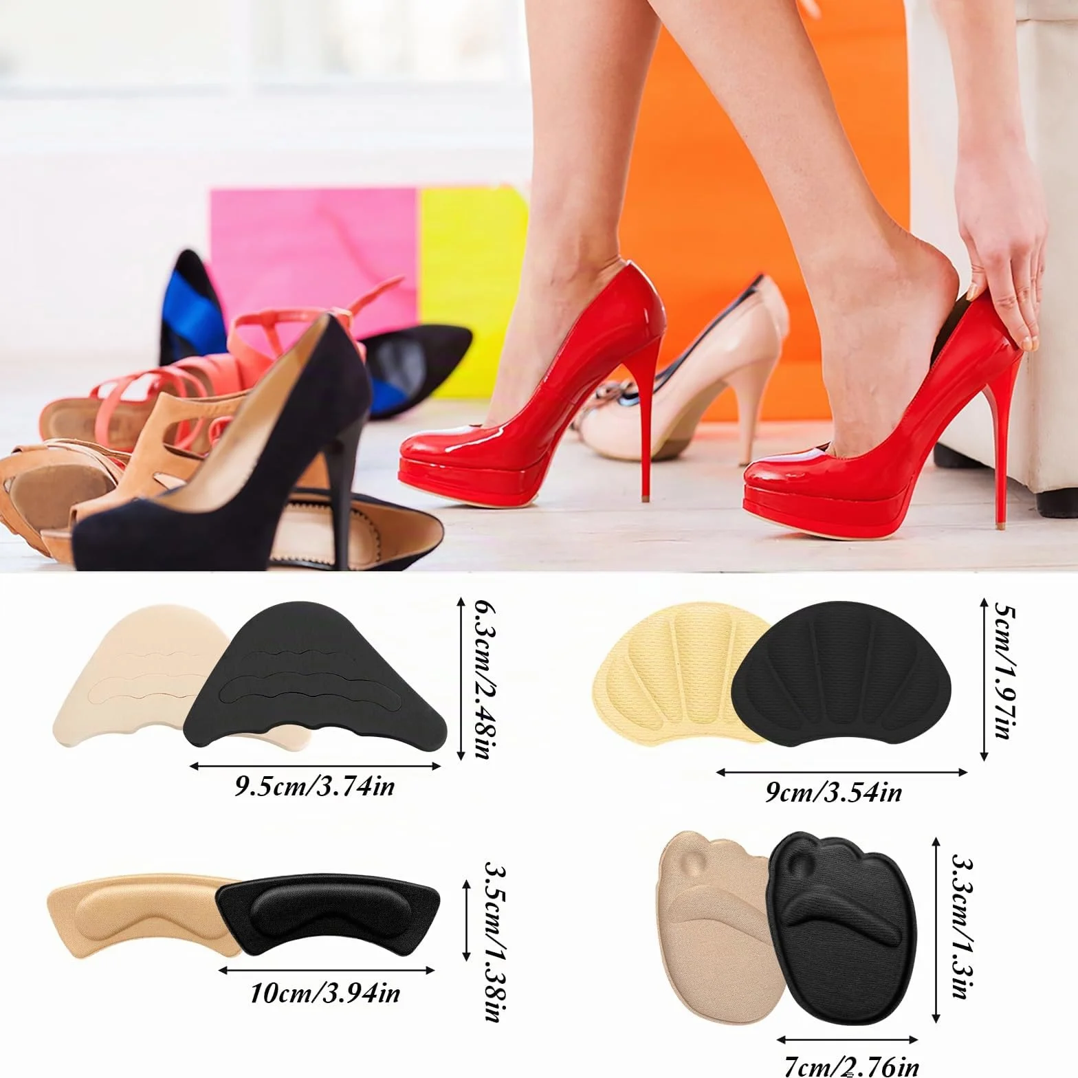 Sibba 8 pares taloneras antideslizamiento almohadillas para zapatos grandes protector talón mujer relleno zapato protector dedos tapón