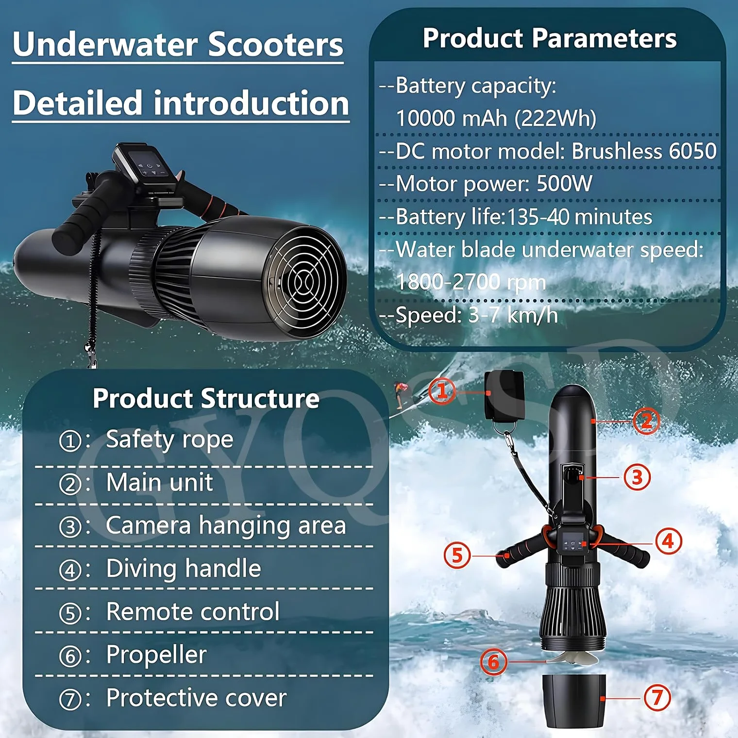 Scooter Submarino Eléctrico 500 W, 50 Minutos De Buceo, Potenciadores De Natación, Accesorios Para Tabla De Paddle Surf De 10 Km/H, Motor Para Tabla De Surf Eléctrica, Velocidad Ajustable,10000mAh