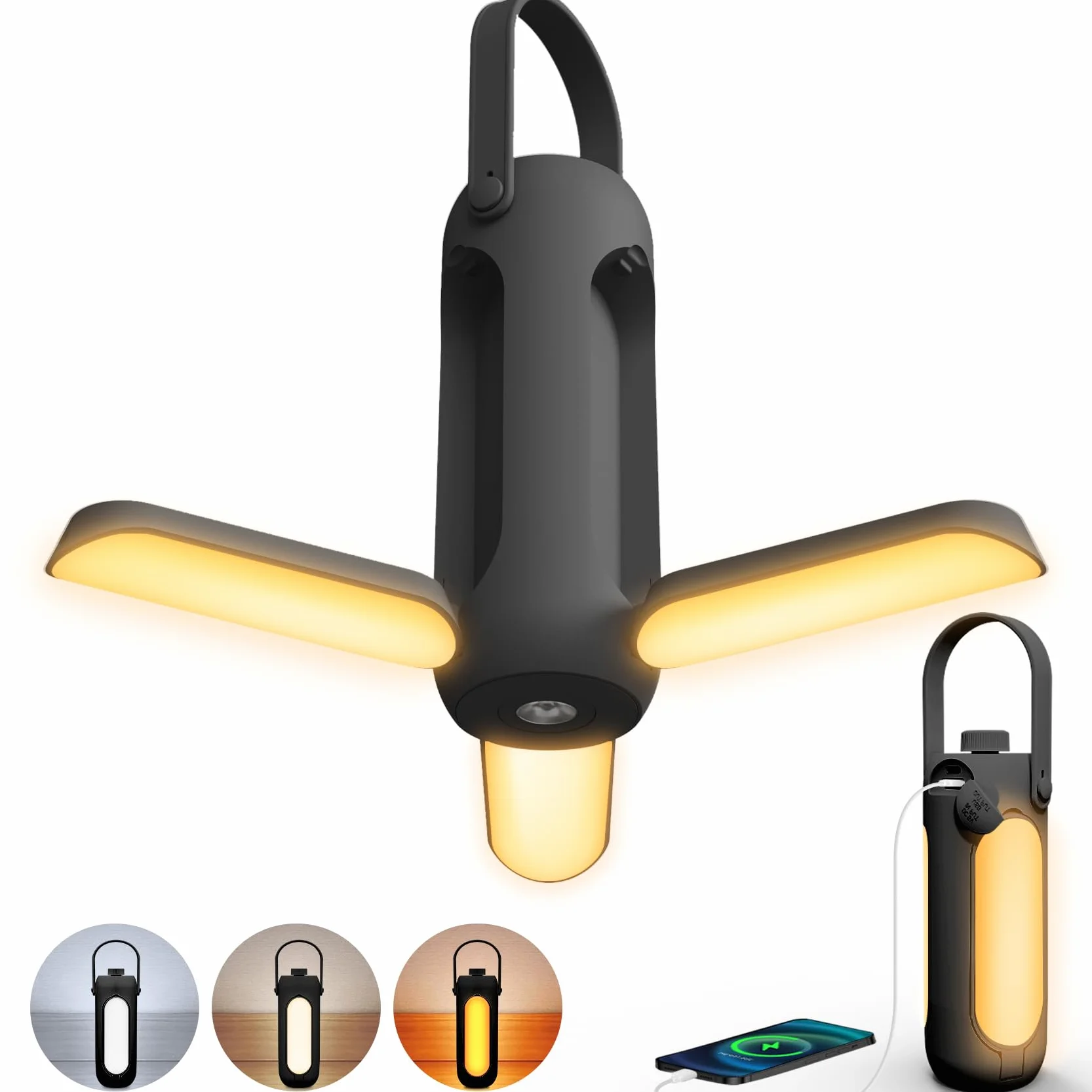 Lámpara Camping Recargable 10000mAh LED Portátil 3 Modos Regulable Linterna Camping Negro
