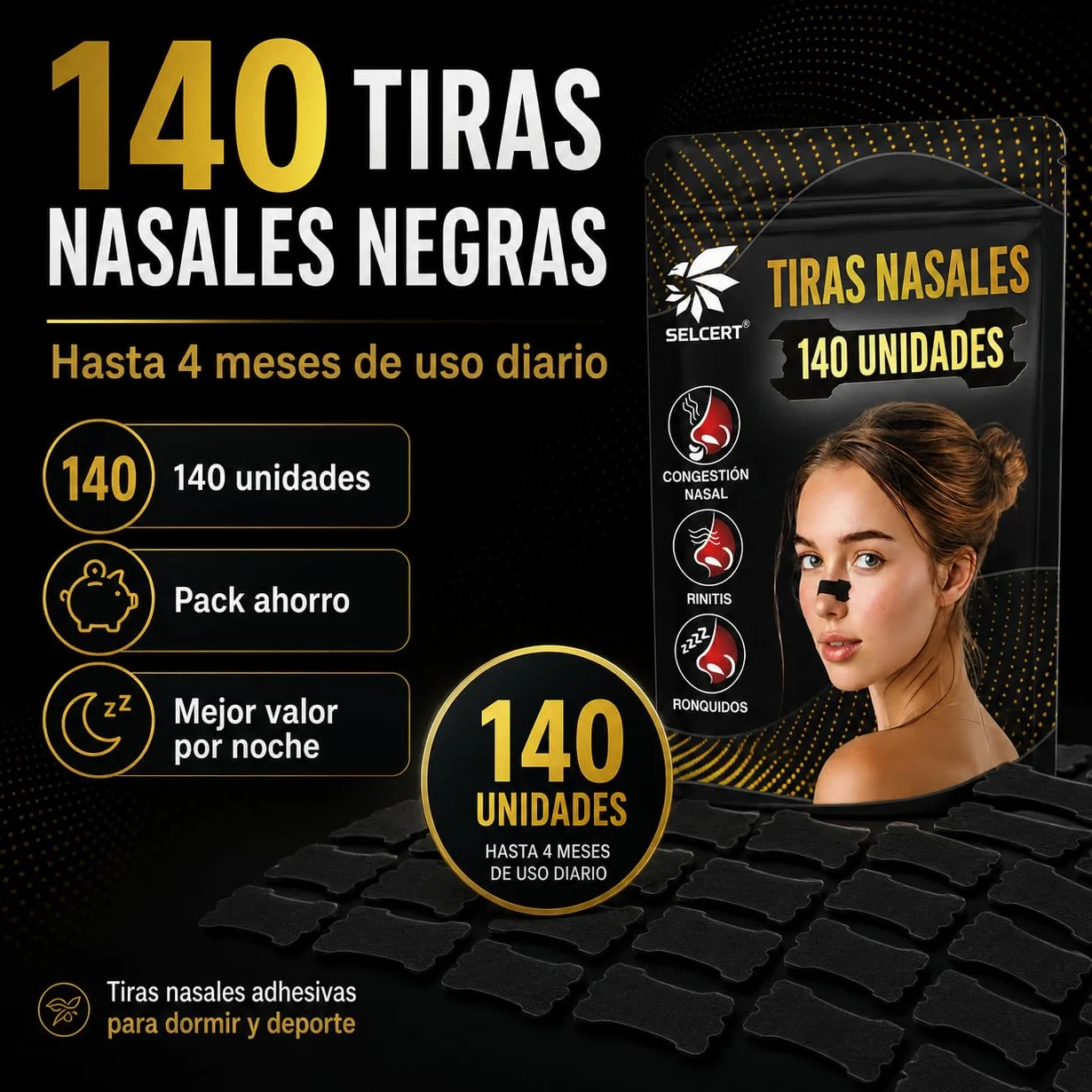 Tiras Nasales Antirronquidos x140 Dilatador Nasal Negro para Dormir Deporte Congestión Nasal