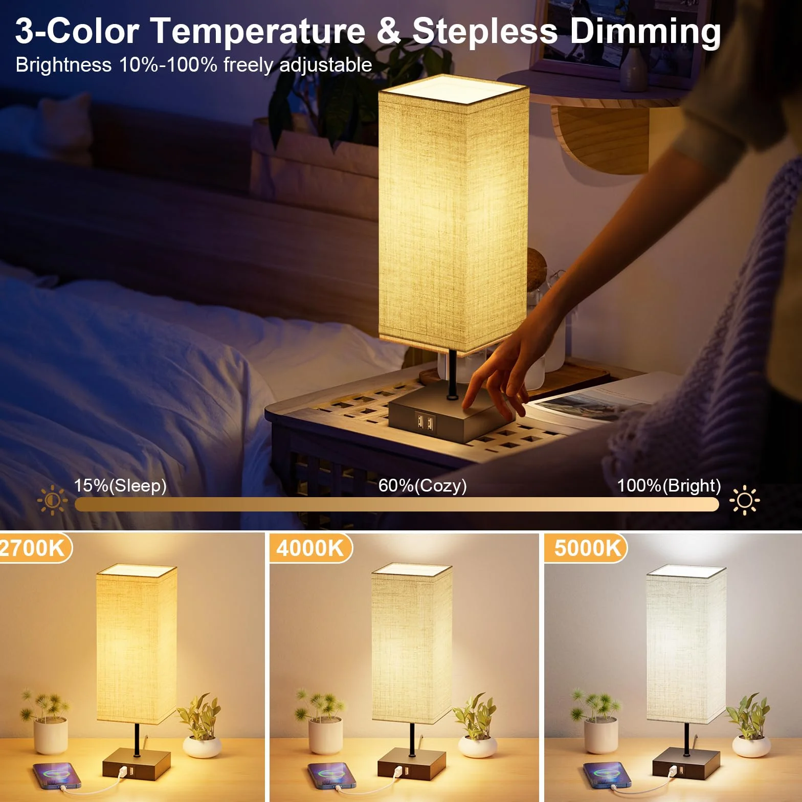 Lámparas de Mesa con 2 Puertos USB Carga Rápida, 3 Temperaturas de Color, Regulación Continua, Bombillas E27 6W
