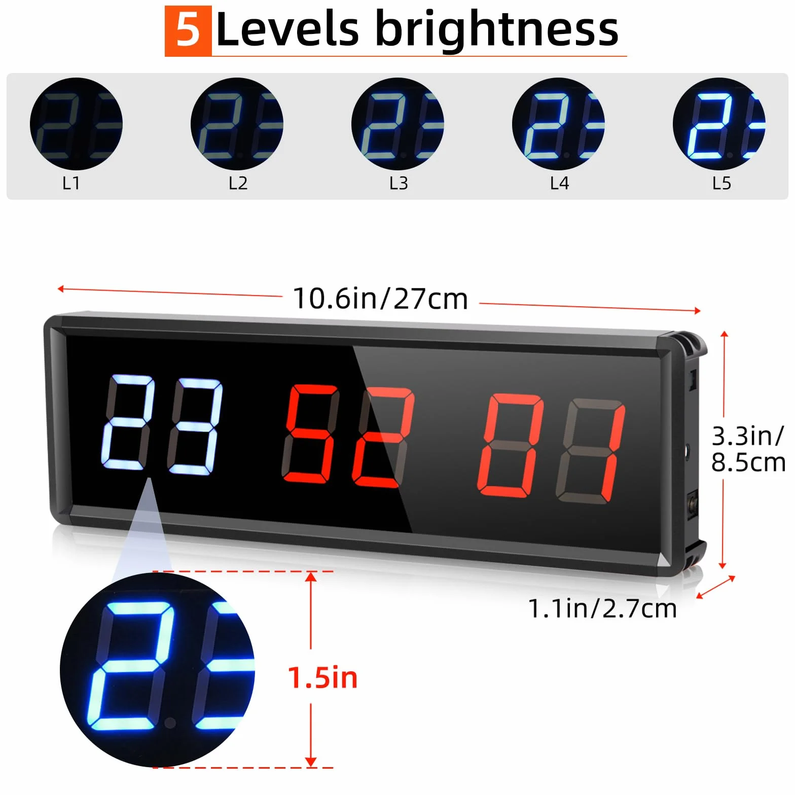 PELLOR Temporizador de Gimnasio,1.5" Temporizador de Intervalo LED,Reloj de Pared Digital Grande con Countdown/Up,Cronómetro,Brillo Ajustable,Reloj de Entrenamiento con Control Remoto para Casa Garaje