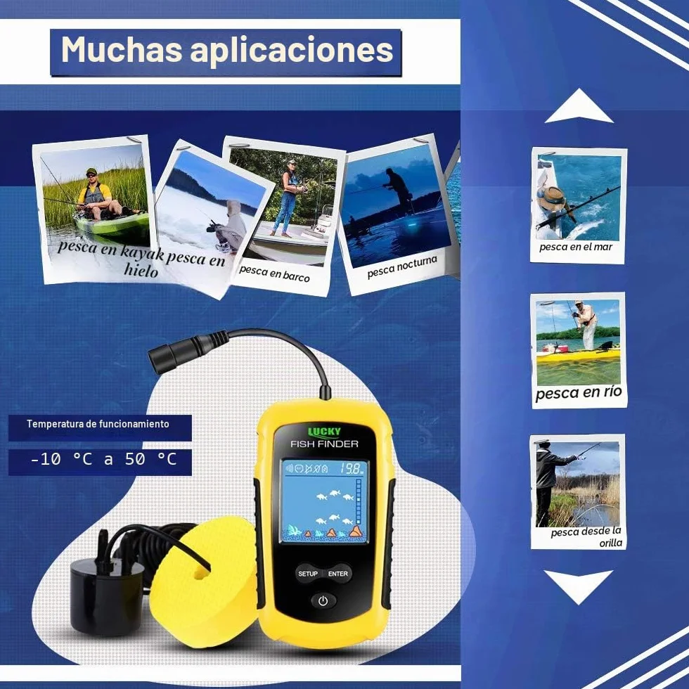 LUCKY Buscador de Peces Portátil con Sonda y Transductor para Kayak de Pesca Pantalla LCD