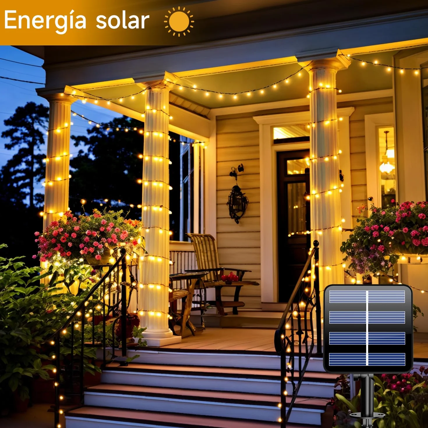 Guirnaldas Luces Exterior Solar 10M 2 Pack, IP65 Impermeable Cadena Solar 8 Modos Blanco Cálido