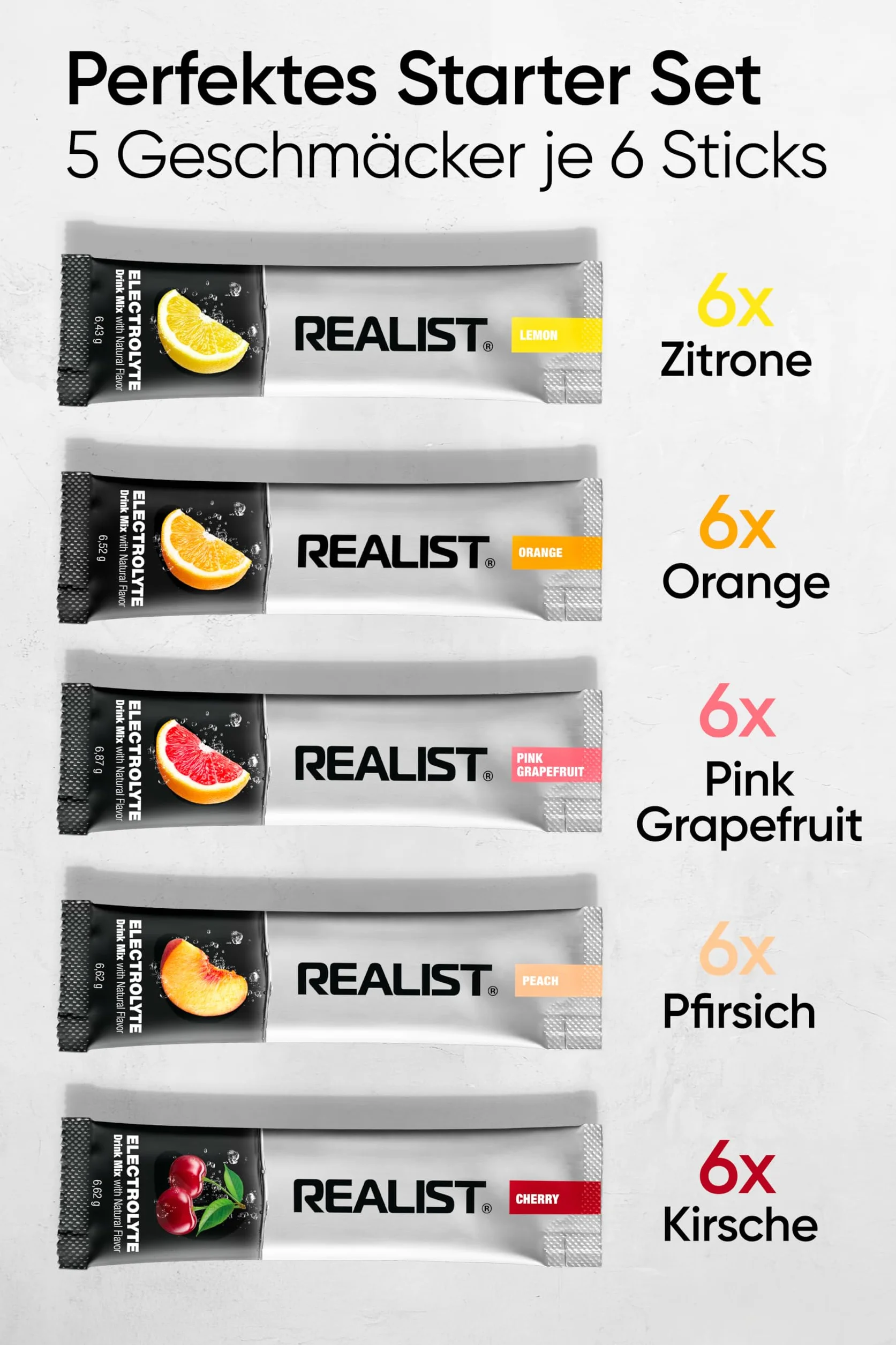 REALIST Electrolitos sin azúcar – Polvo electrolito con 1000 mg sodio, 330 mg potasio, 60 mg magnesio – Hidratación Rápida – Deportes, KETO, ayuno (30 sobres)