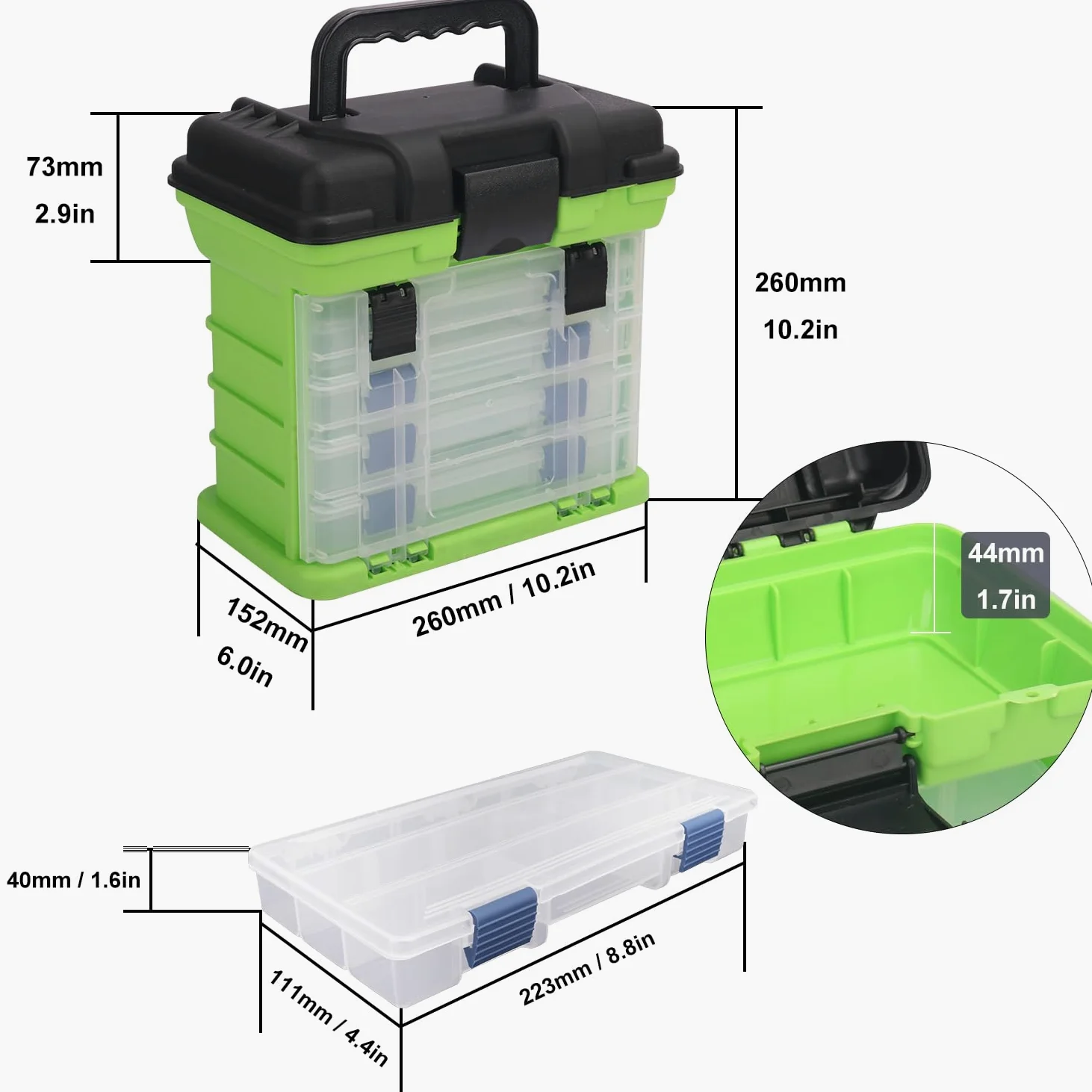 Caja de aparejos de pesca, caja de pesca de 4 capas, cajas de aparejos, almacenamiento superior de acceso rápido con tapa para equipo de pesca y accesorios, (verde) KUKLIPJIM