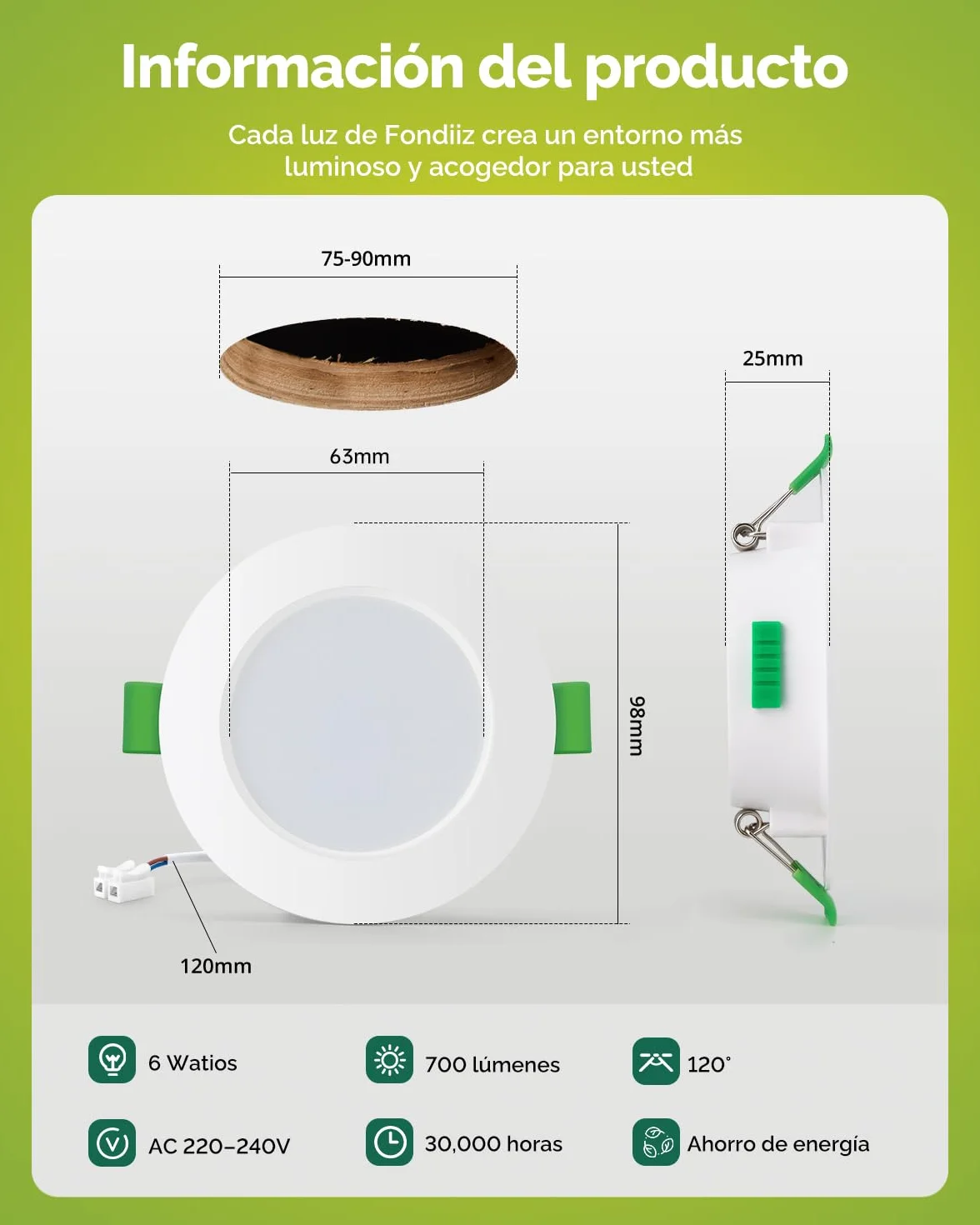 Fondiiz 12 Pack Focos LED Interior Techo Regulable 6W Downlight IP44, Corte 75mm-90mm, Diámetro 98mm