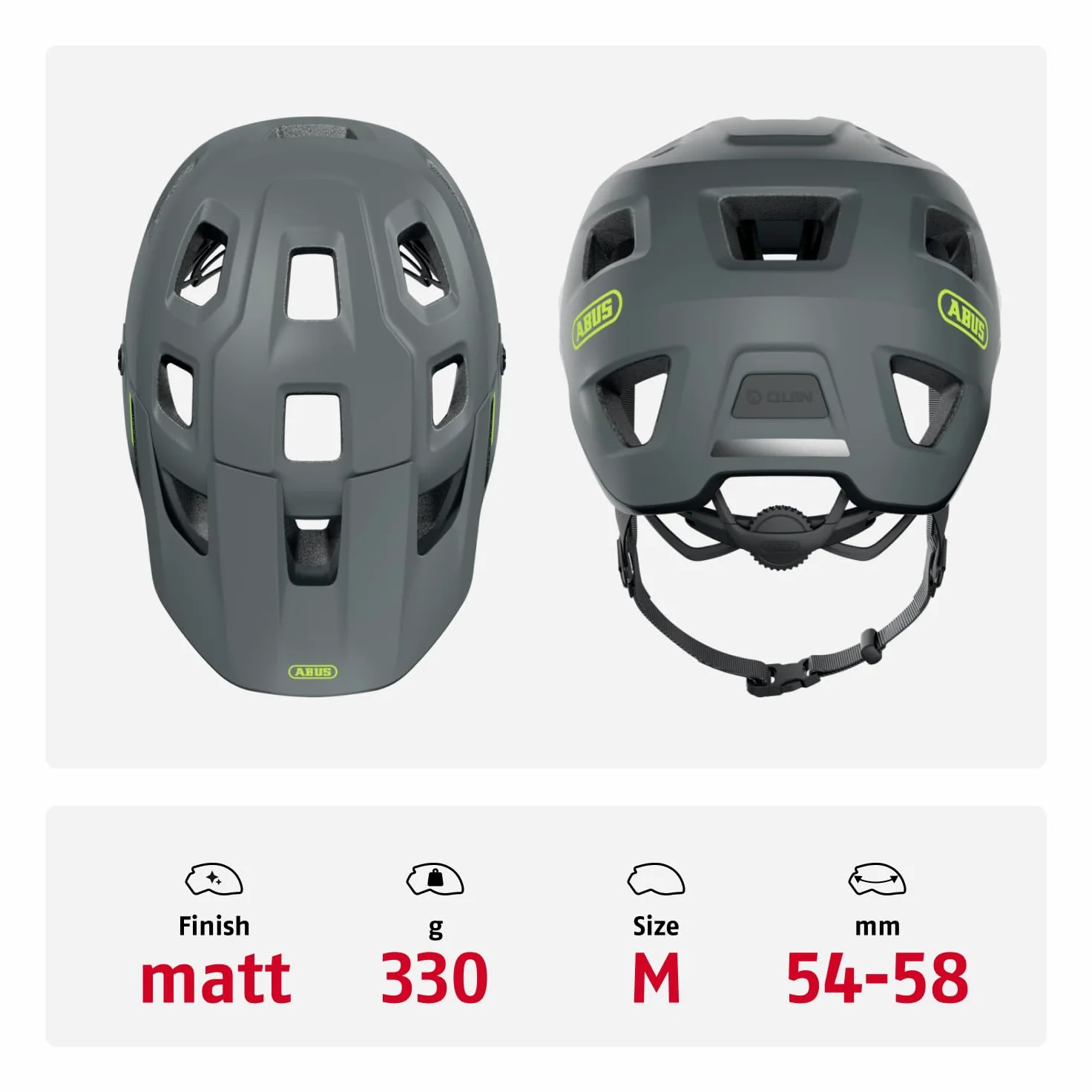 ABUS Casco MTB MoDrop, Gris Mate, M | Tecnología In-Mold, sistema de ajuste, soporte para gafas, abertura para coleta
