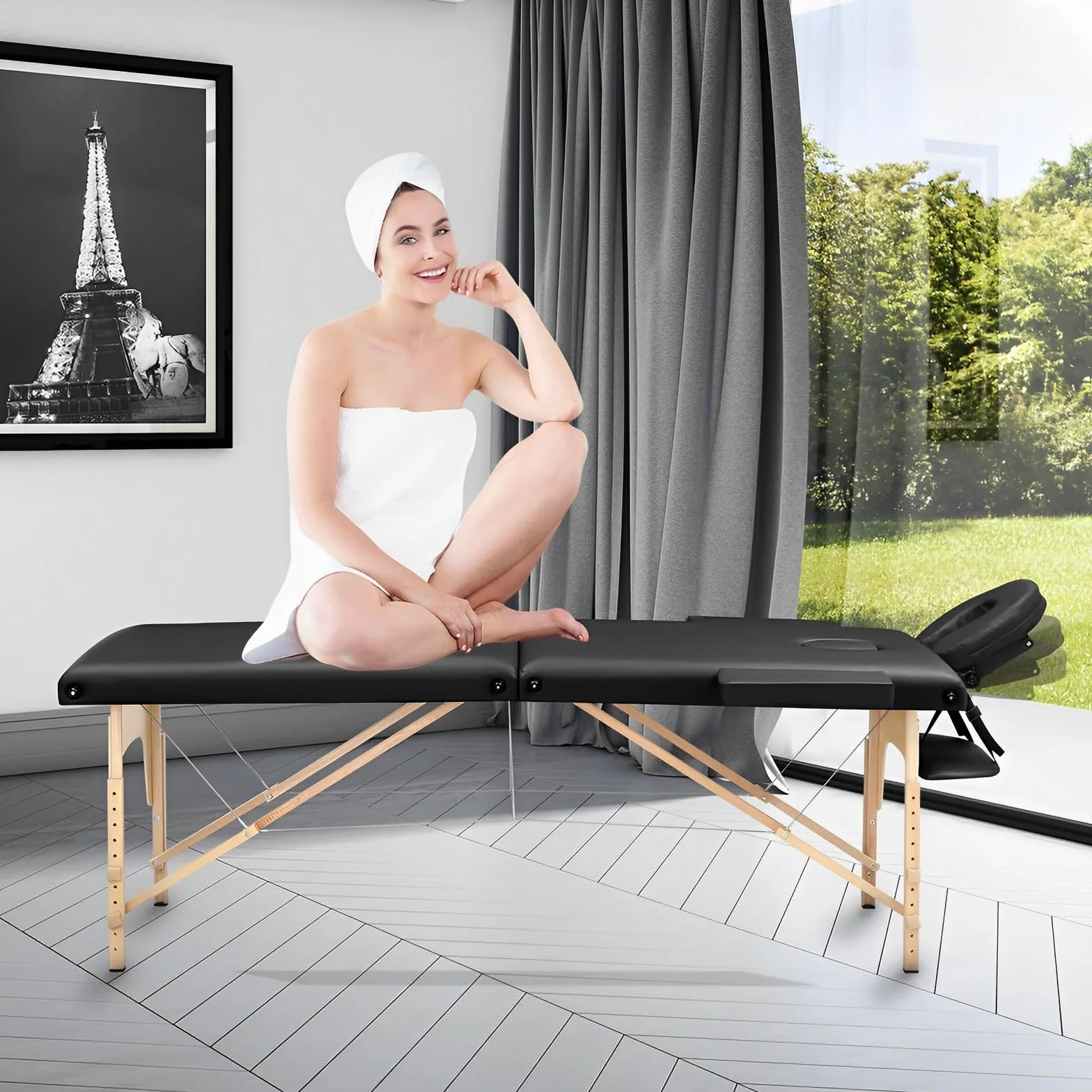 Camilla de masaje plegable de madera 2 zonas para fisioterapia y tatuaje