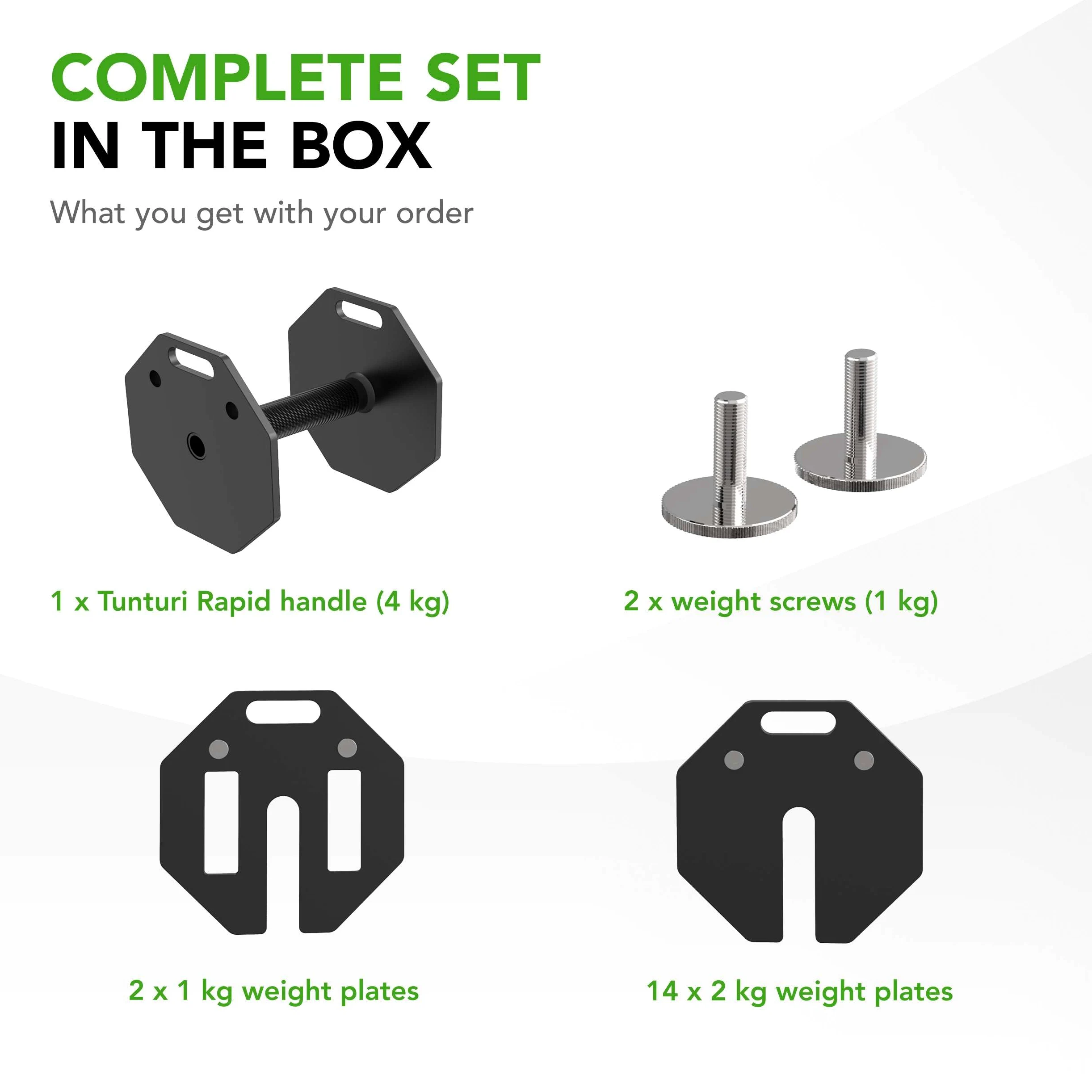Tunturi Rapid - Mancuernas ajustables - Juego individual de 36 kg - Ajustable de 4 a 36 kg - 17 mancuernas en 1 - Juego de pesas para el hogar