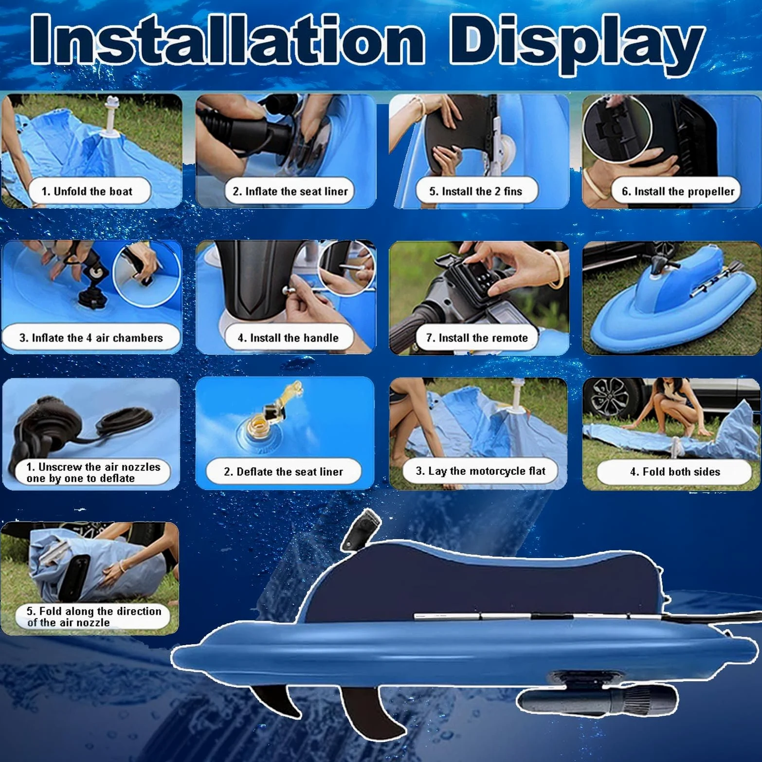 Flotador Inflable motorizado for Piscina, Moto acuática, Barco eléctrico Plegable con Scooter Submarino Desmontable de 500 W, Barco de PVC de Doble Aleta