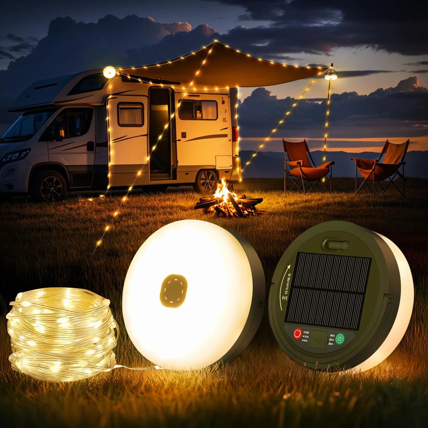 Retráctil Cadena de Luces para Camping 10M, 3 en 1 Impermeable Solar USB 8 Modos Iluminación