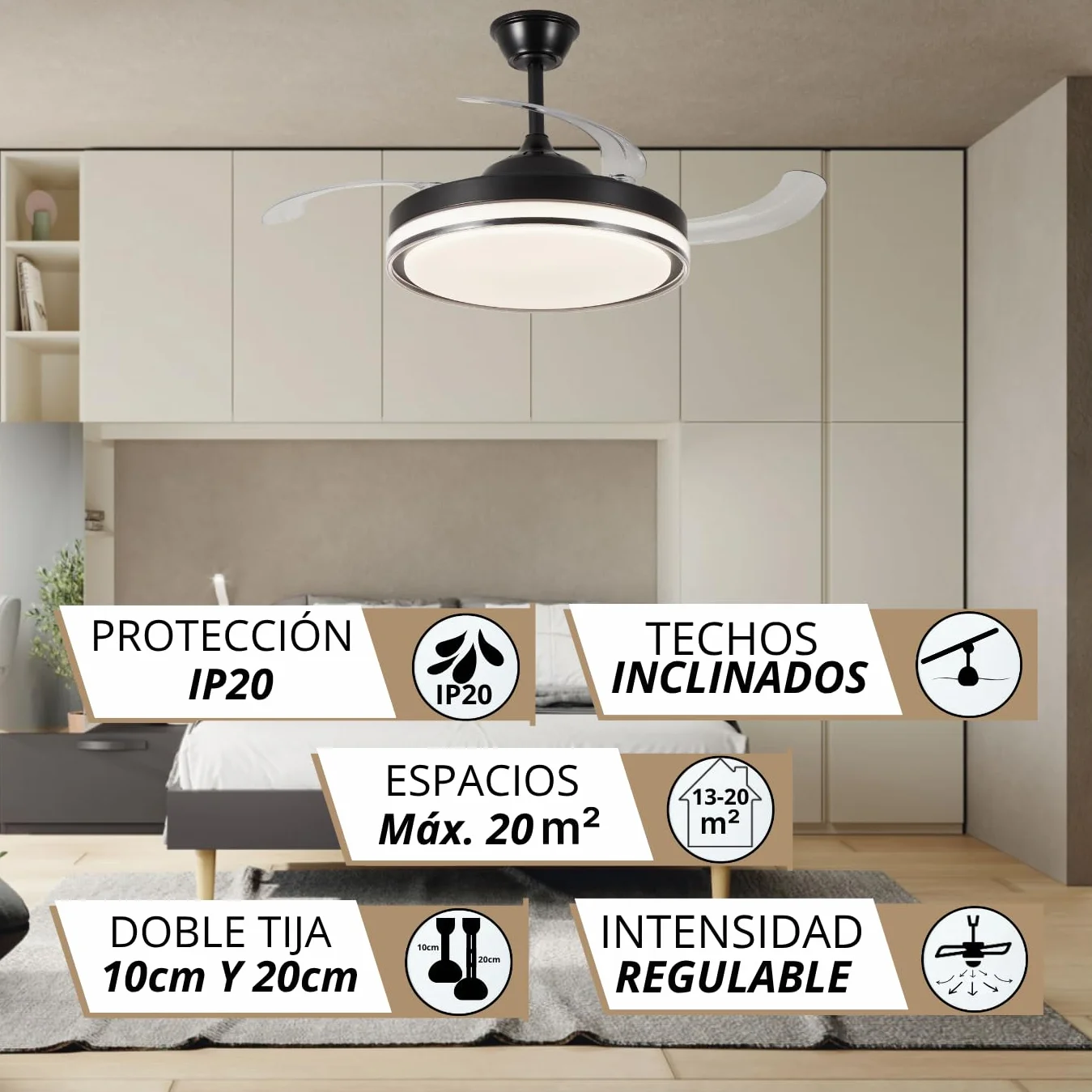 NARVI Ventilador de Techo Negro con Luz LED Regulable, Motor DC 30W Silencioso, 3 Aspas Retráctiles, Función Invierno Verano