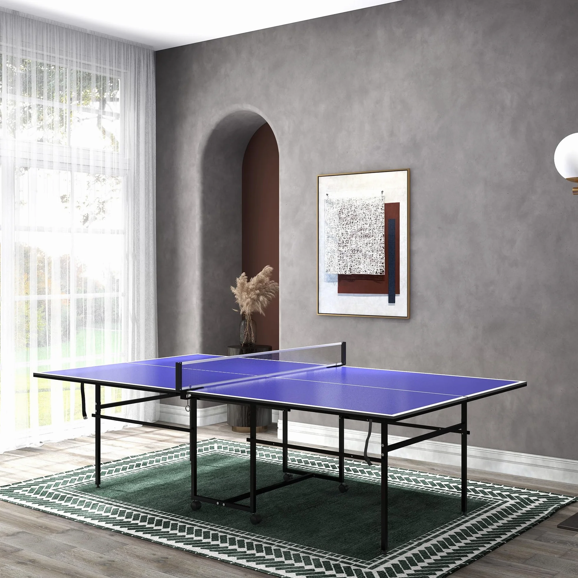 SPORTNOW Mesa de Ping-Pong Profesional Plegable con 4 Ruedas, Red, 2 Palas y 3 Pelotas 274x152,5x75,5 cm Azul