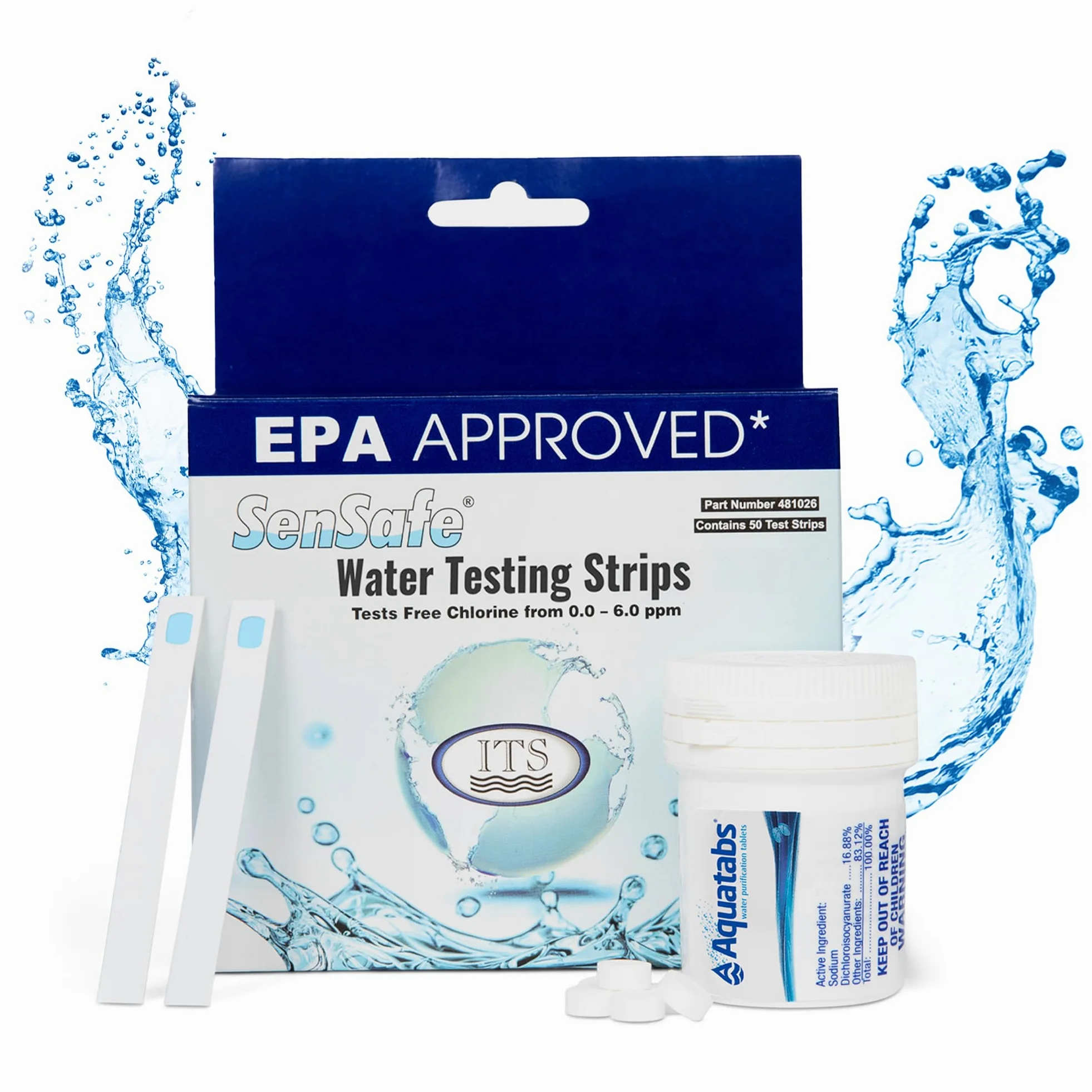 Aquamarine Water Solutions - Kit esencial de agua potable - 100 tabletas de purificación de agua Aquatabs + 50 tiras de prueba de cloro - para tanques de barco y RV