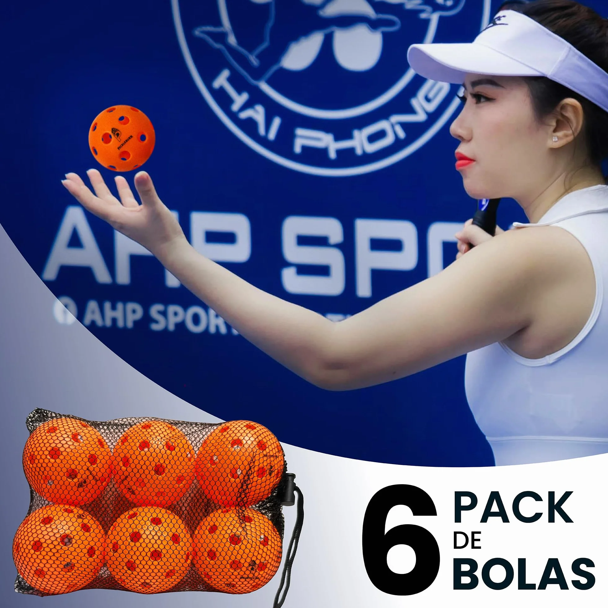 BurnCourt 40 - Bolas Pickleball Naranja Neón Pack de 6 Pelotas para Juego Exterior Outdoor 40 Agujeros Rebote Alto y Preciso con Bolsa y Pickers para Todos los Niveles