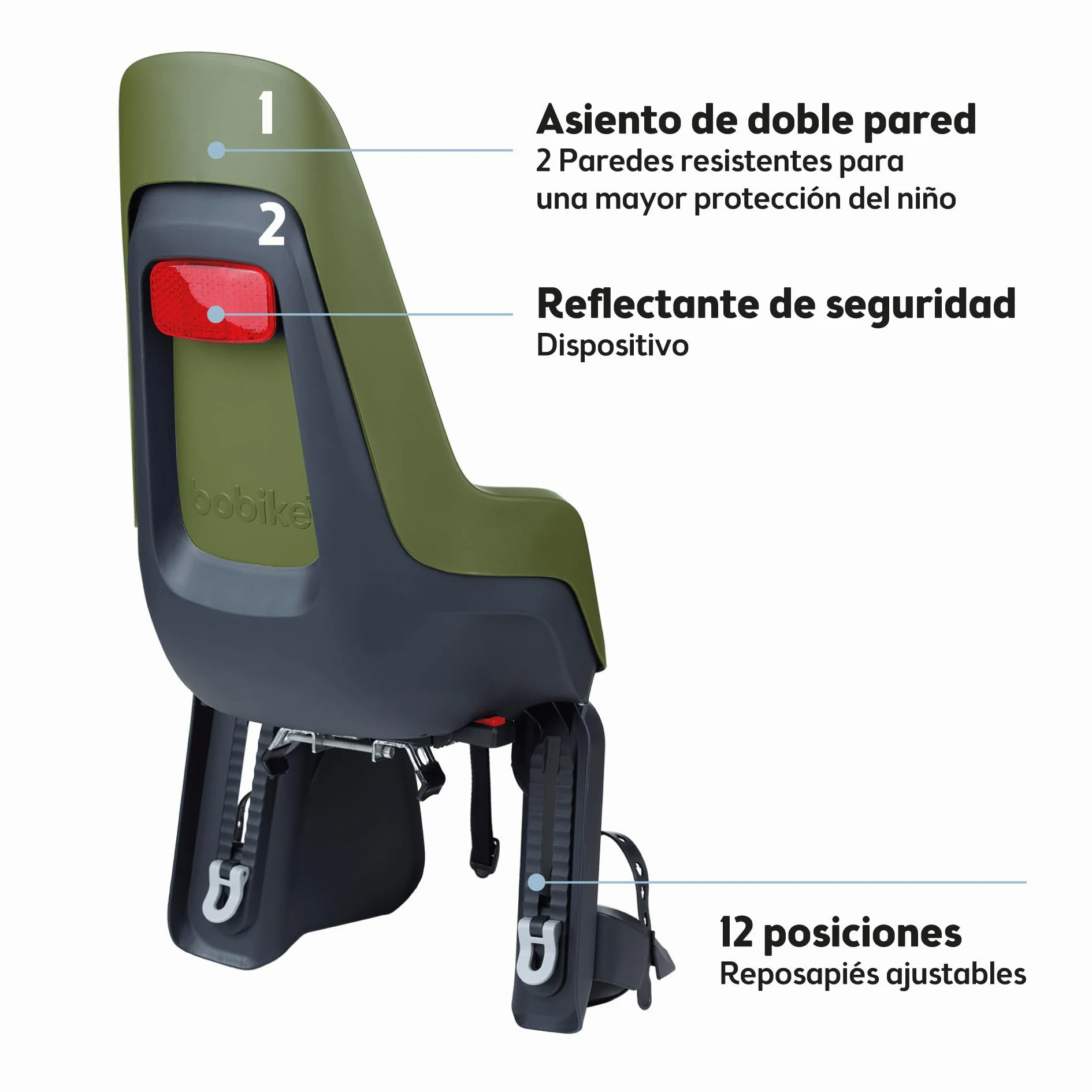 BOBIKE 8012100021 - Silla Bicicleta Trasera One Maxi EB-D para Portaequipajes – Segura y fácil de Montar, Adecuada para niños de 9 Meses a 6 años, hasta 22 kg, Verde Oliva